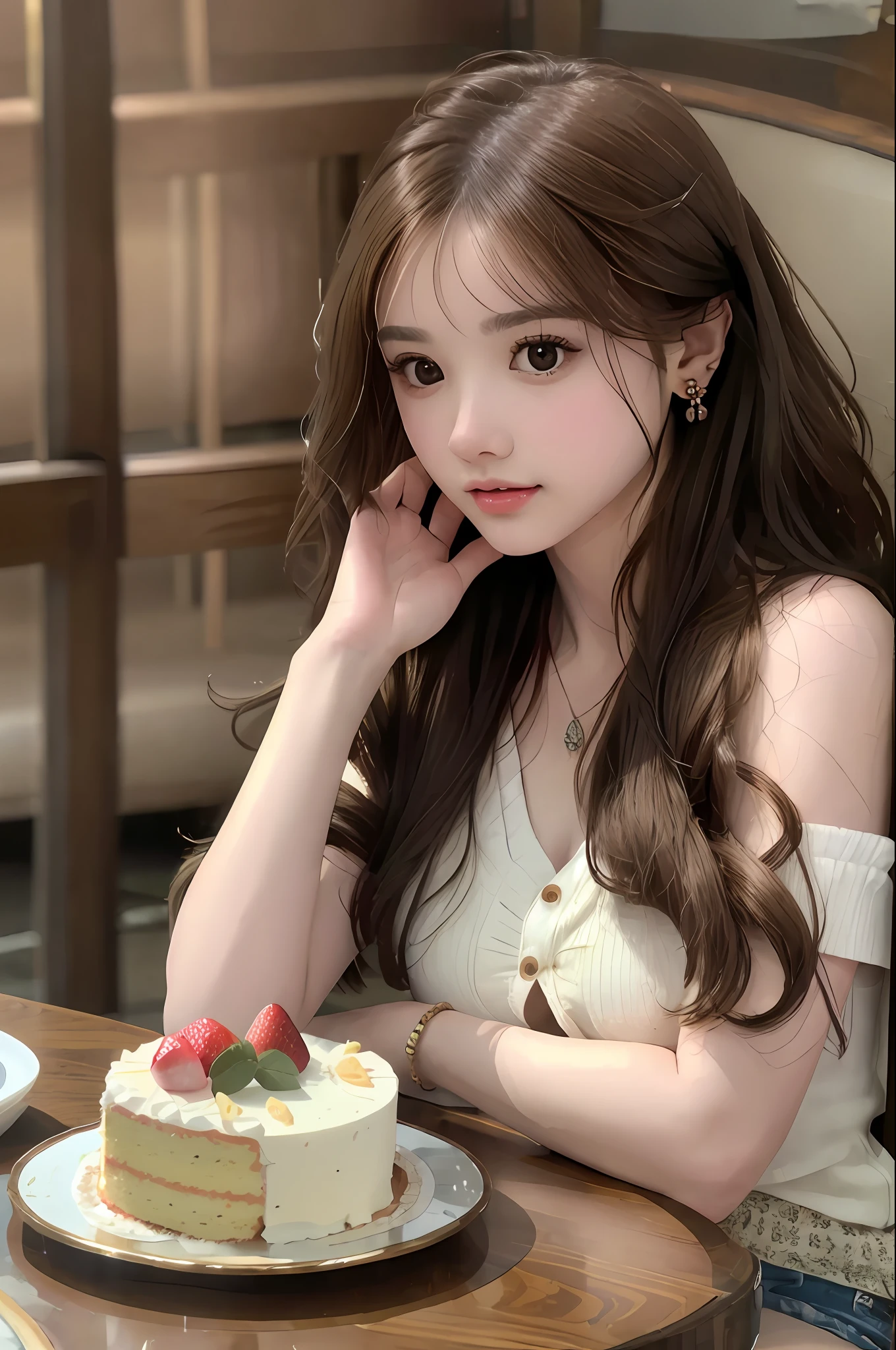Araffe girl sitting at a table with a cake and a cup of coffee - SeaArt AI