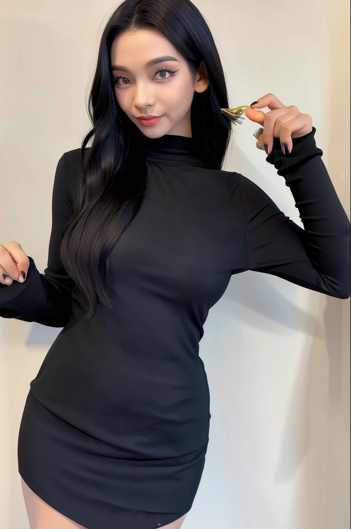 Black silk beauty with soda in hand