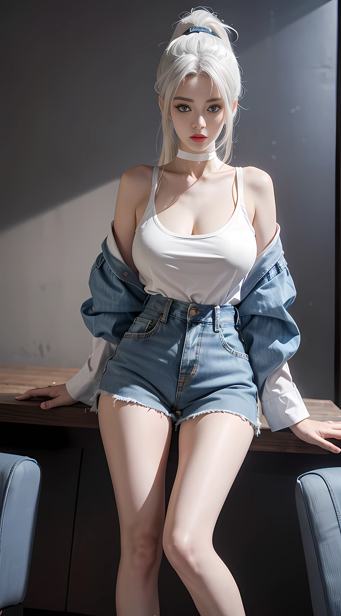 Ultra HD, Ultra Detail, Full Body, Realistic, High Resolution, 8K 1 Girl, Ponytail White Hair, Korea, Blue Eyes, Shirt, Skinny Denim Shorts, Big Breast, Thin Waist, Thighs