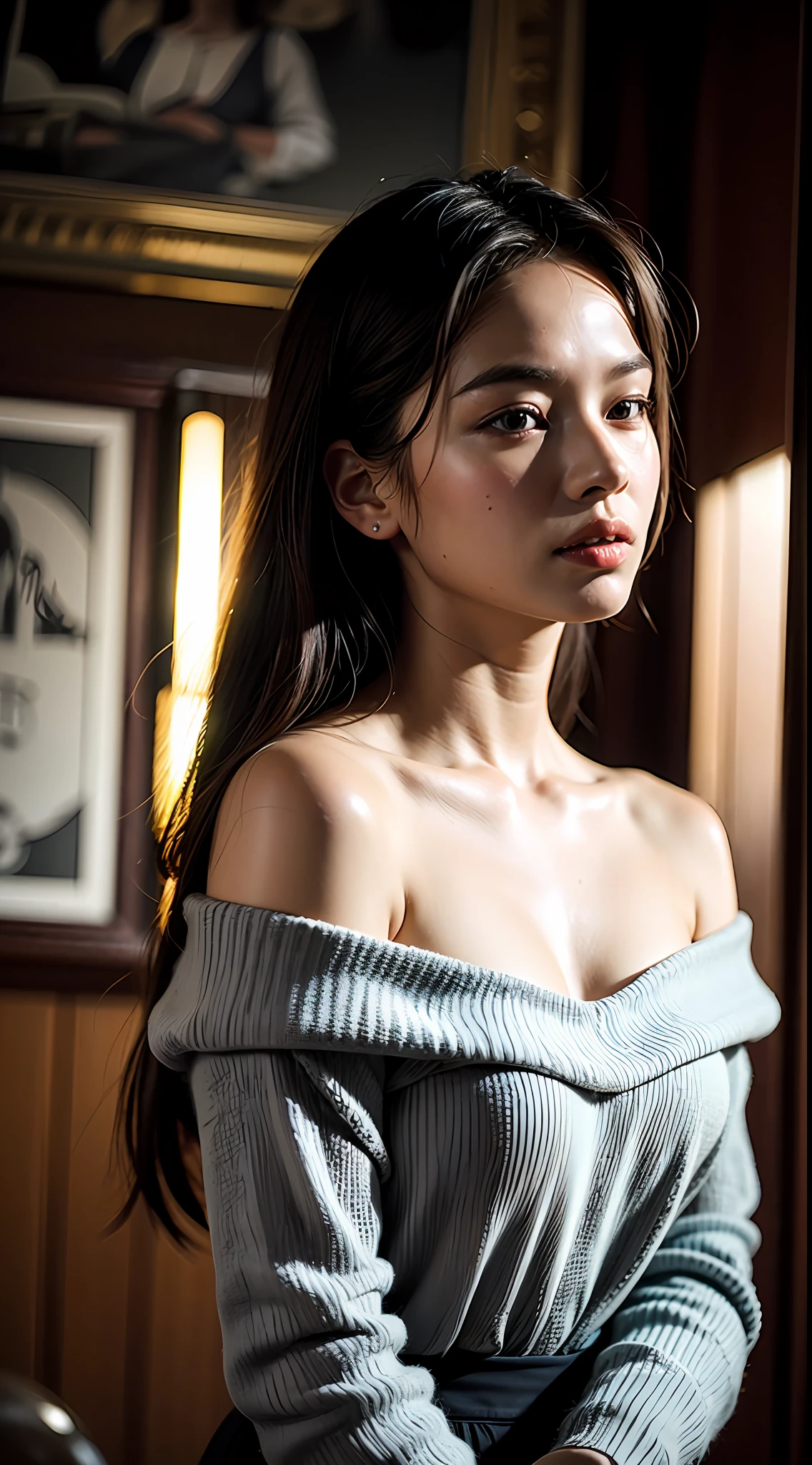 Best quality, masterpiece, ultra high res, (photorealistic:1.4), raw photo, 1girl, off shoulder, cinematic lighting