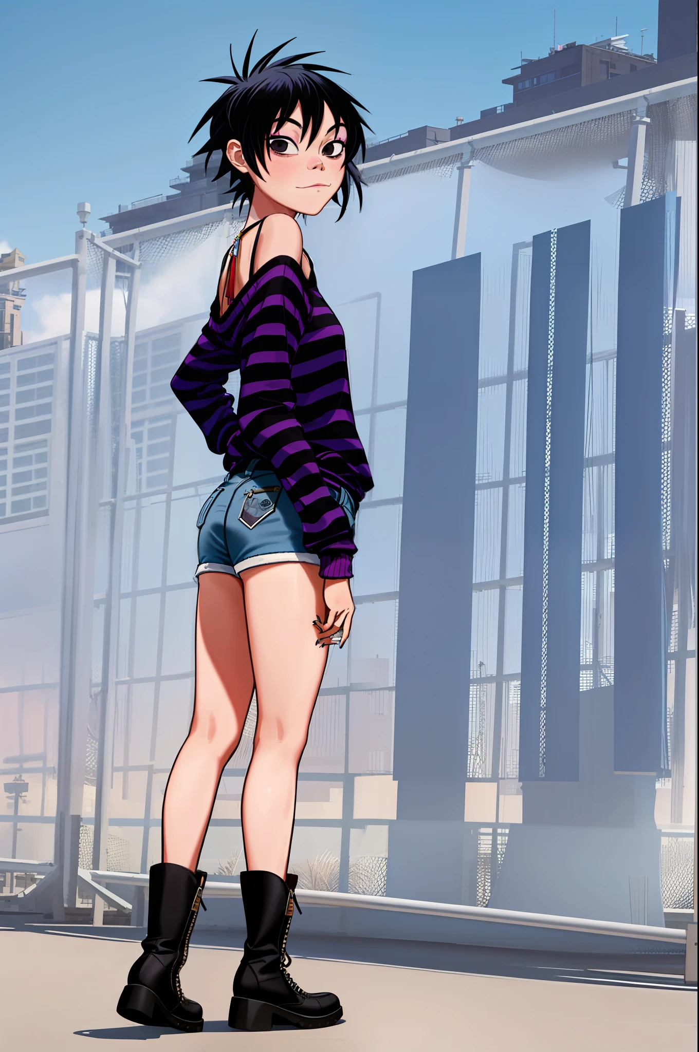 noodle (gorillaz), masterpiece, best quality, 1girl, solo, blue hair, makeup, bangs, short hair, portrait, black eyes, parody, small breasts, blush, sexual expression, sexy butt, seductive, two toned striped sweatshirt, jeans, boots, hair covering eyes, thin girl, small girl, looking back, windmill on a flying island in the air