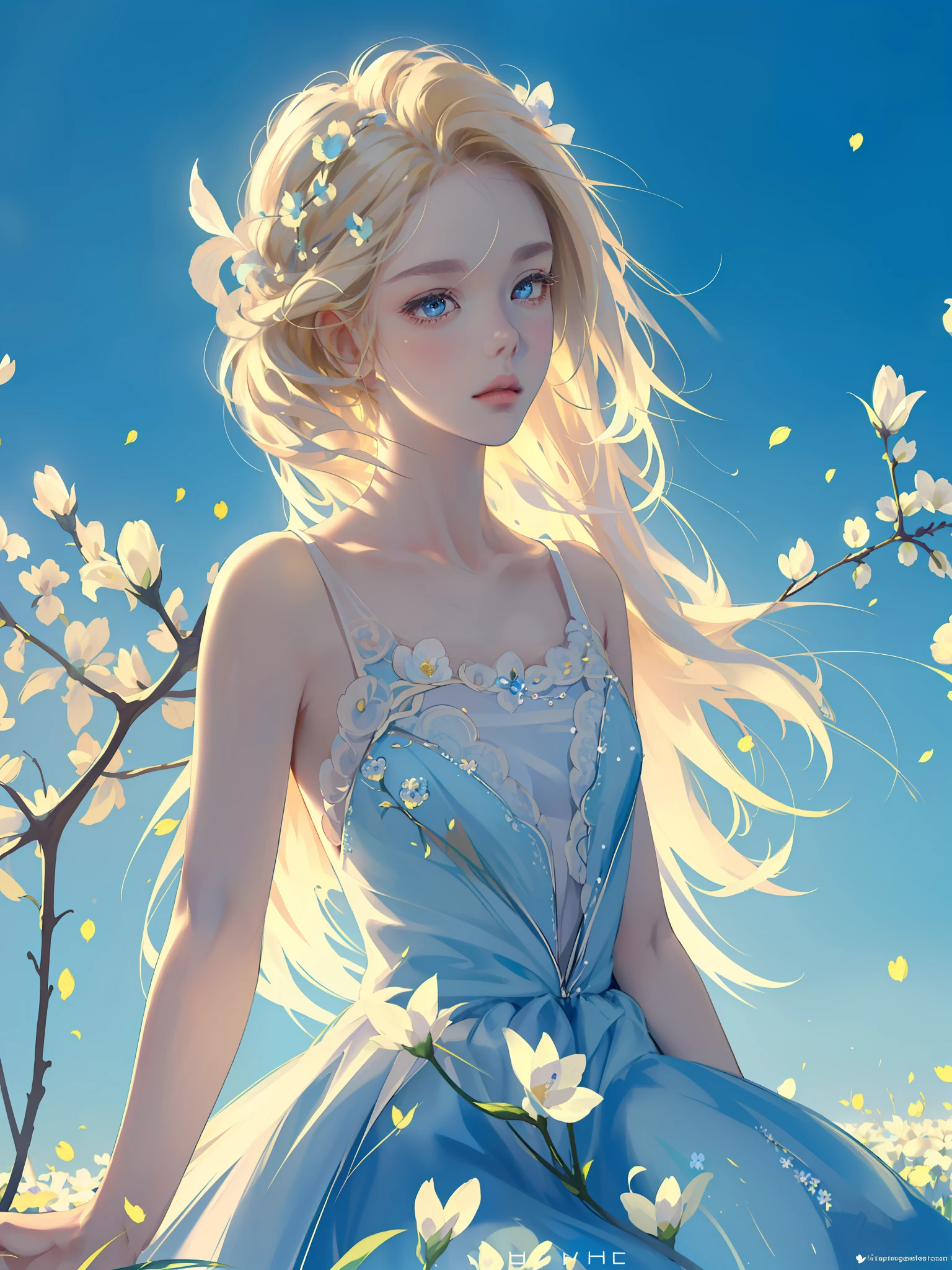 (((Masterpiece)), high quality, super detailed, blonde hair + blue clothing: 1.2, sweet delicate delicate girl, bud, delicate facial features, perfect figure, bubbles around, flowers around, bright bright colors, pearl white background, romantic long hair, natural light, warm and sweet, blue eyes, flower hair decoration.