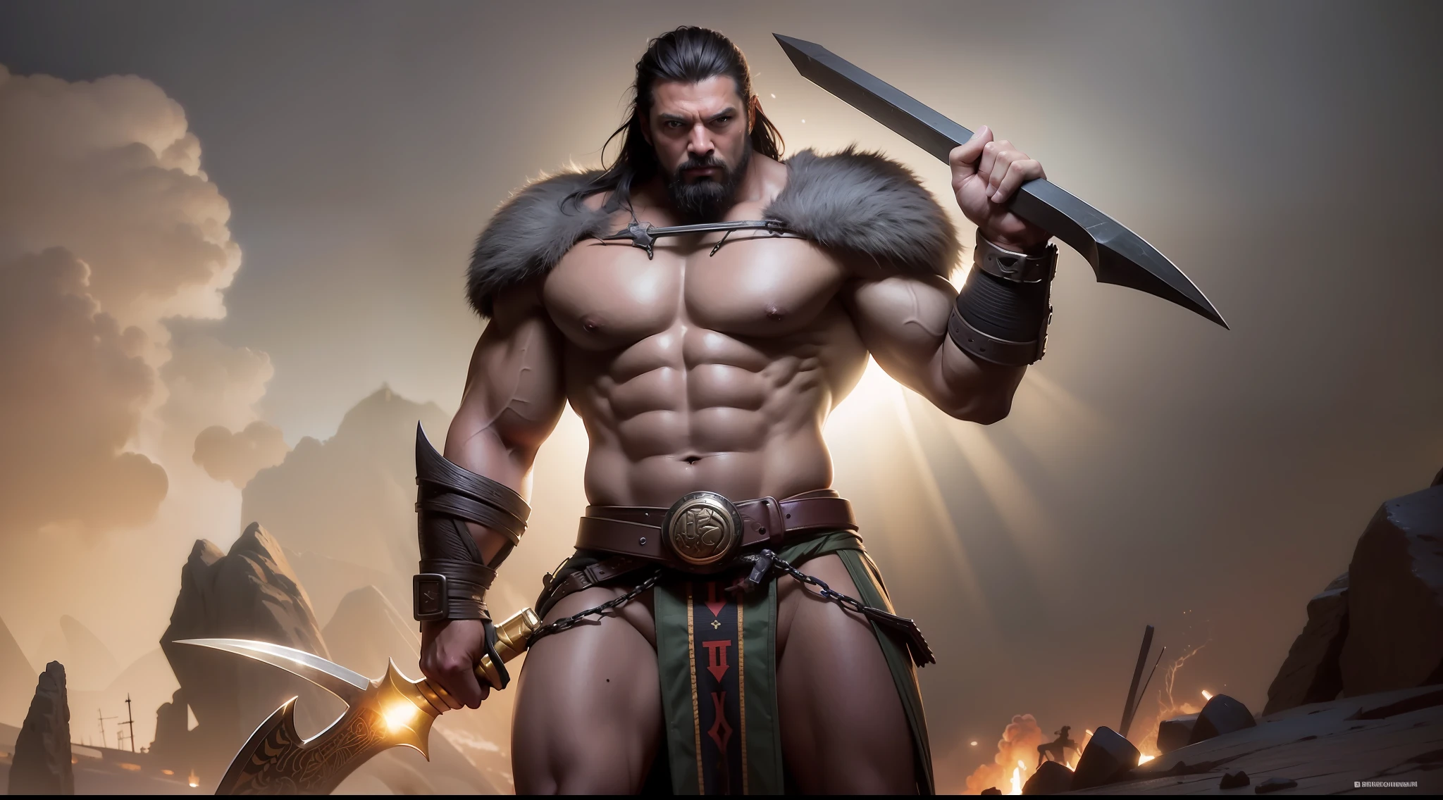berserker full body portrait, D&D style, axe, man, muscles, photorealistic, highly detailed, art station, smooth, sharp focus, art by Michael Whelan, Artgerm, Greg Rutkowski and Alphonse Mucha, vibrant, photorealistic, realistic, dramatic, dark, sharp focus, 8K