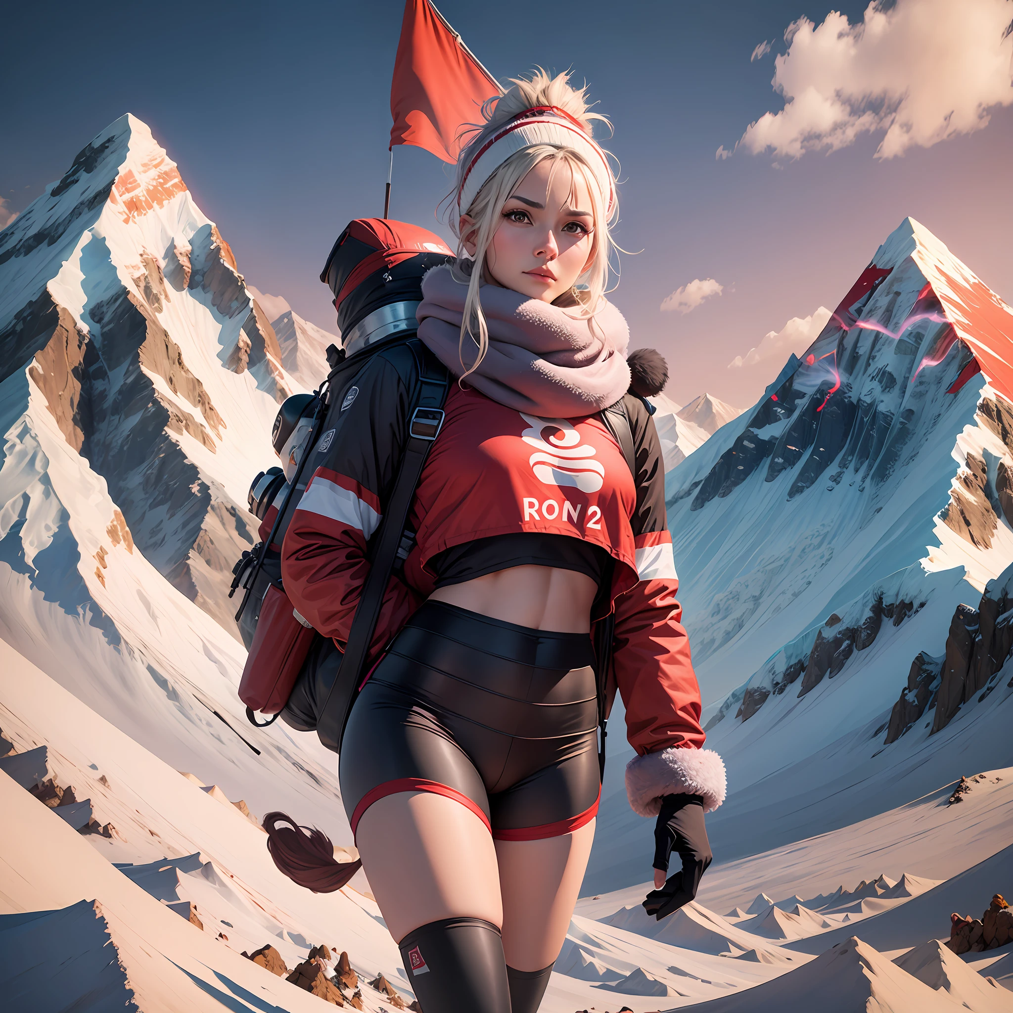 A slim girl in underwear holding a red flag at the top of Mount Everest, wearing yoga trousers on the background, two Sherpas next to her, carrying many things, background 1·8 blurred, masterpiece, real person, perfect quality, 8k, --auto --s2