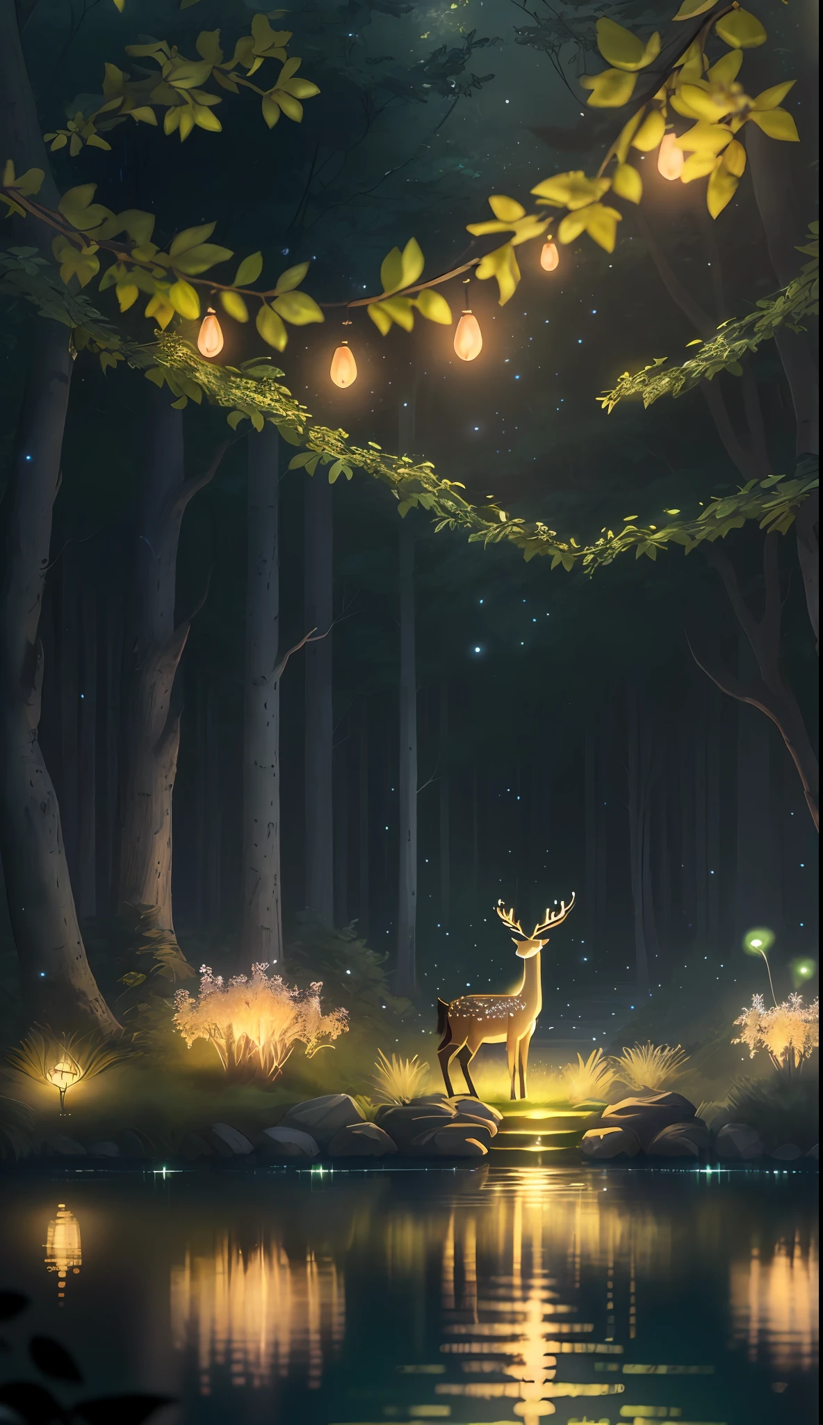 Masterpiece, best quality, (very detailed CG unity 8k wallpaper), (best quality), (best illustration), (best shadows), glow sprite, with a glowing deer, in the swimming pool Drinking water, natural elements in the forest theme. Mysterious forest, beautiful forest, nature, surrounded by flowers, delicate leaves and branches surrounded by fireflies (natural elements), (jungle theme), (leaves), (twigs), (fireflies), (particle effects) etc. 3D , Octane rendering, ray tracing, super detailed