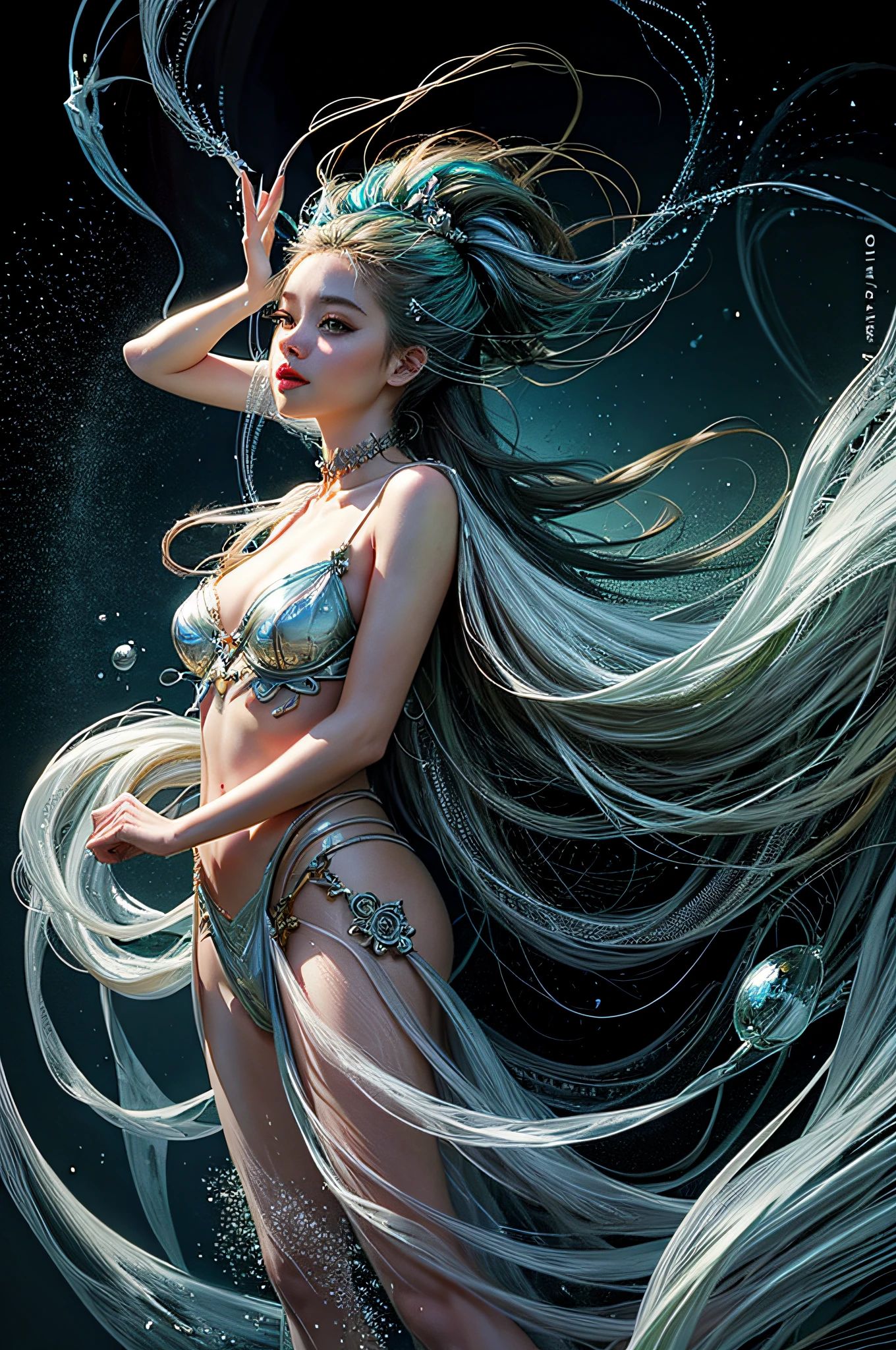 1girl,Beautiful,Magic Style,best quality,masterpiece,(rainbow-candy:0.8),(Half-body:1.3),Ocean,Cool Tone,low saturation,