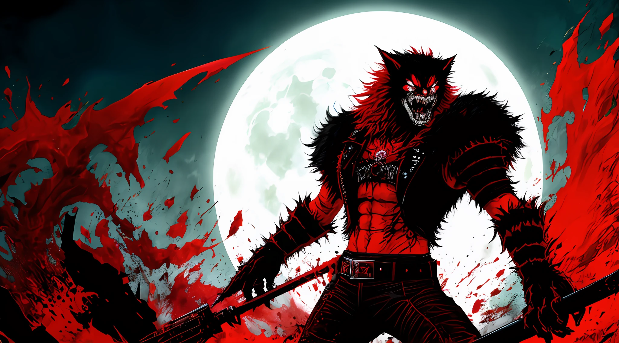 red and black, a full body berserk werewolf, solo, in the style of Mork Borg, strong contrast, grunge dirty punk splash art, black metal zine
