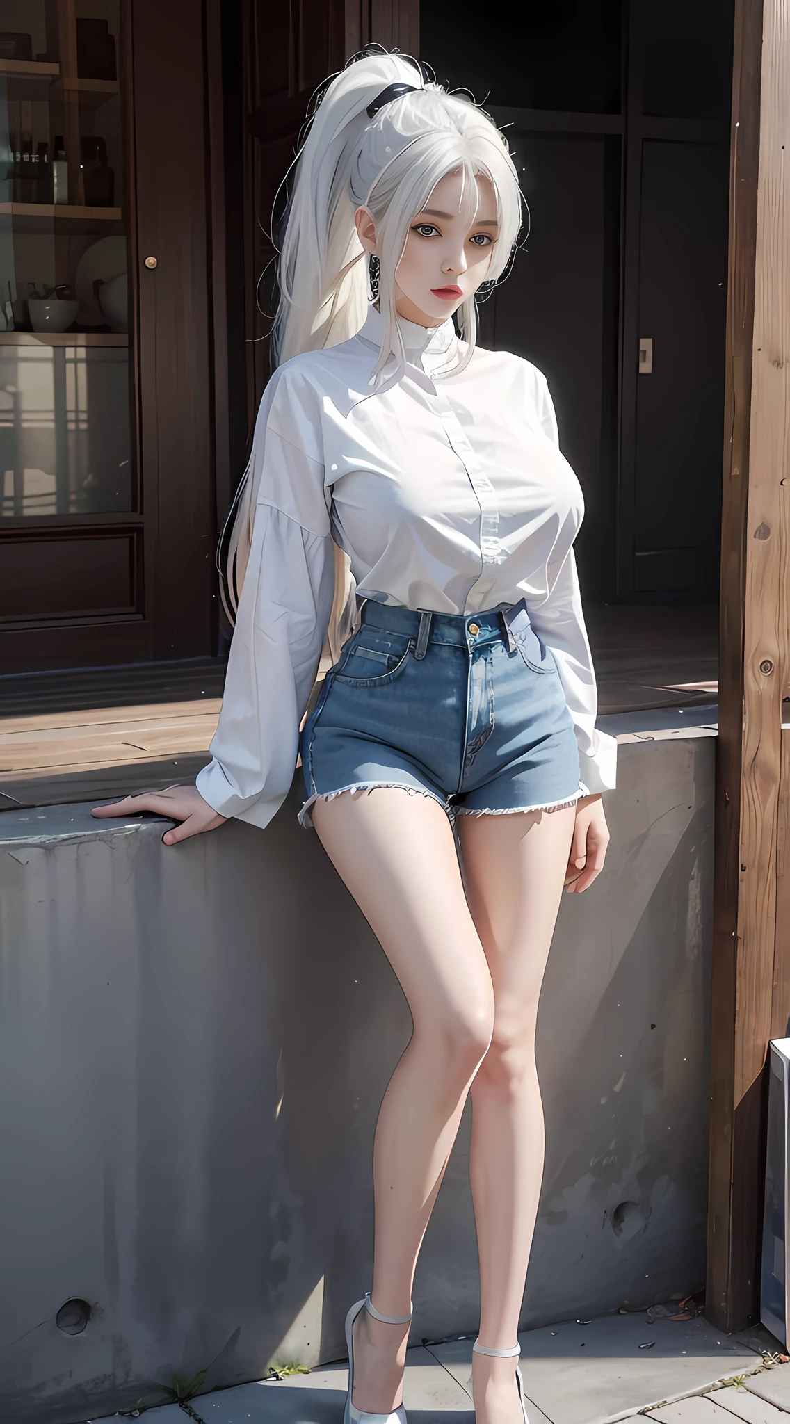 Ultra HD, Ultra Detail, Full Body, Realistic, 8K High Resolution, 1 Girl, Ponytail White Hair, Korean, Blue Eyes, Shirt, Skinny Denim Shorts, Big Breast, Thin Waist, Thighs