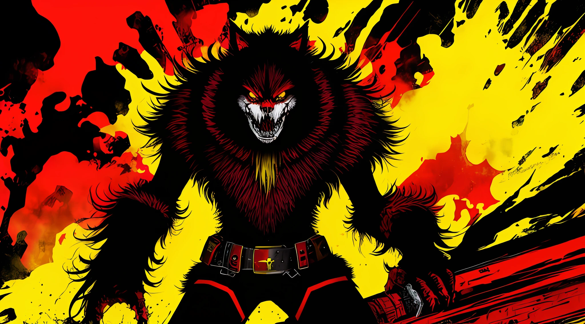 red, yellow and black, a full body berserk werewolf, solo, in the style of Mork Borg, strong contrast, grunge dirty punk splash art, black metal zine