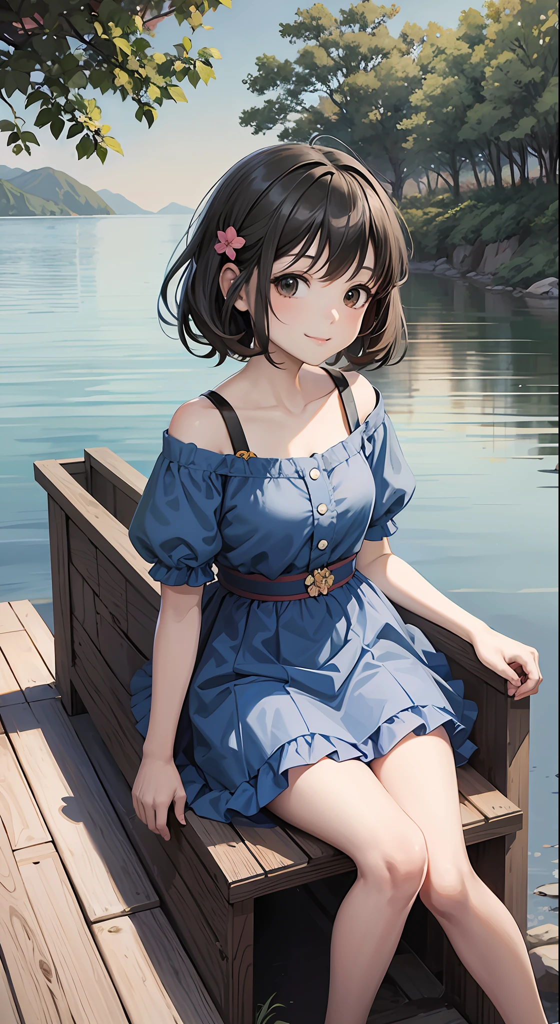 , anime girl sitting under a tree looking at the water, next to boat, pet, flower pot, anime vision of cute girl, portrait of cute anime girl, cute detailed digital art, anime style portrait, beautiful anime portrait, digital anime illustration, cute anime girl, detailed portrait of anime girl, anime style illustration, kawaii realistic portrait, cute anime girl portrait, detailed fan art, young anime girl, detailed digital anime art, black hair, hair bow, smile, gaze level shooting, Similar to the color of Ghibli, UHD