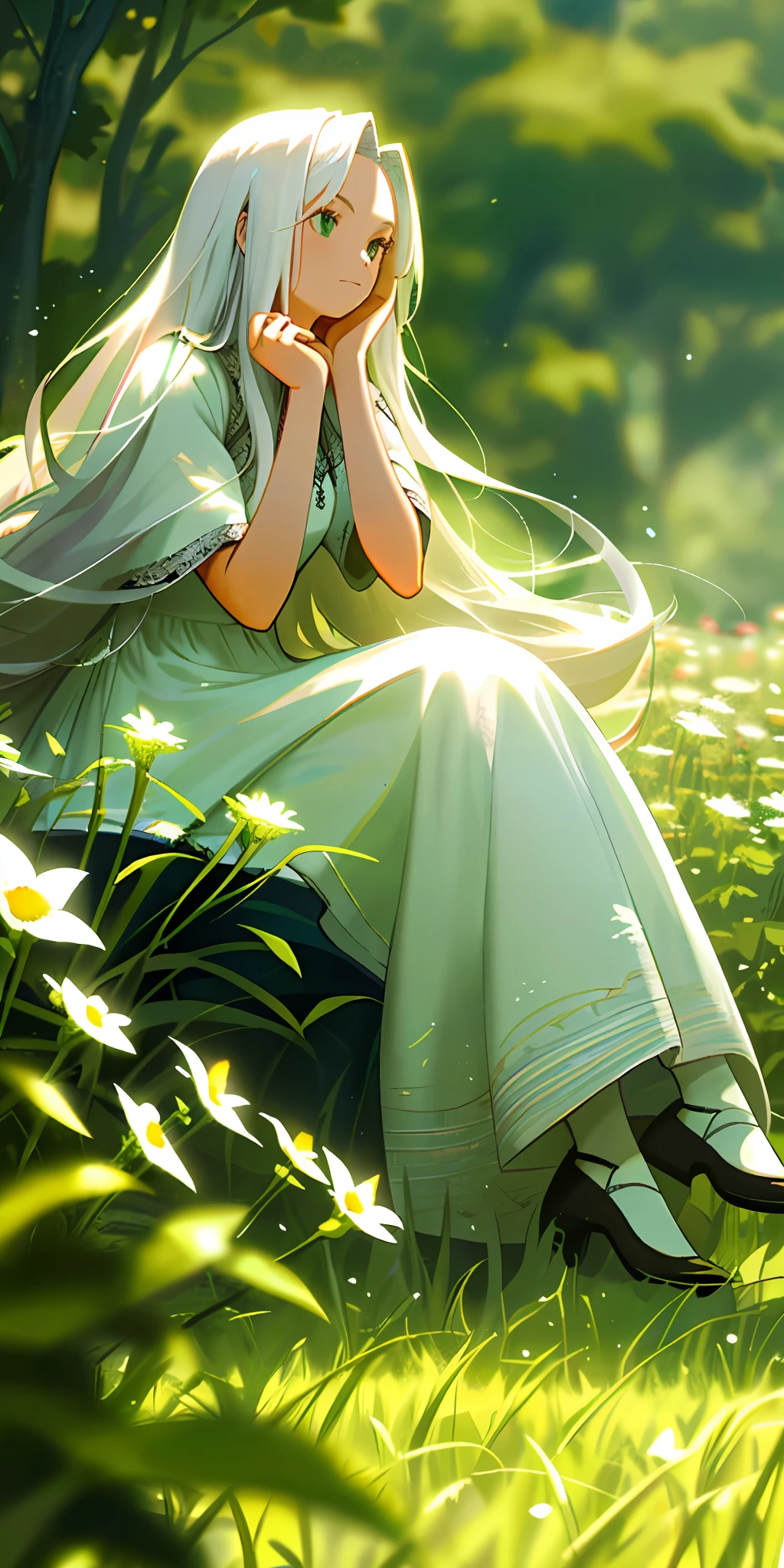 (masterpiece, best quality),1girl with long white hair sitting in a field of green plants and flowers, her hand under her chin, warm lighting, white dress, blurry foreground
