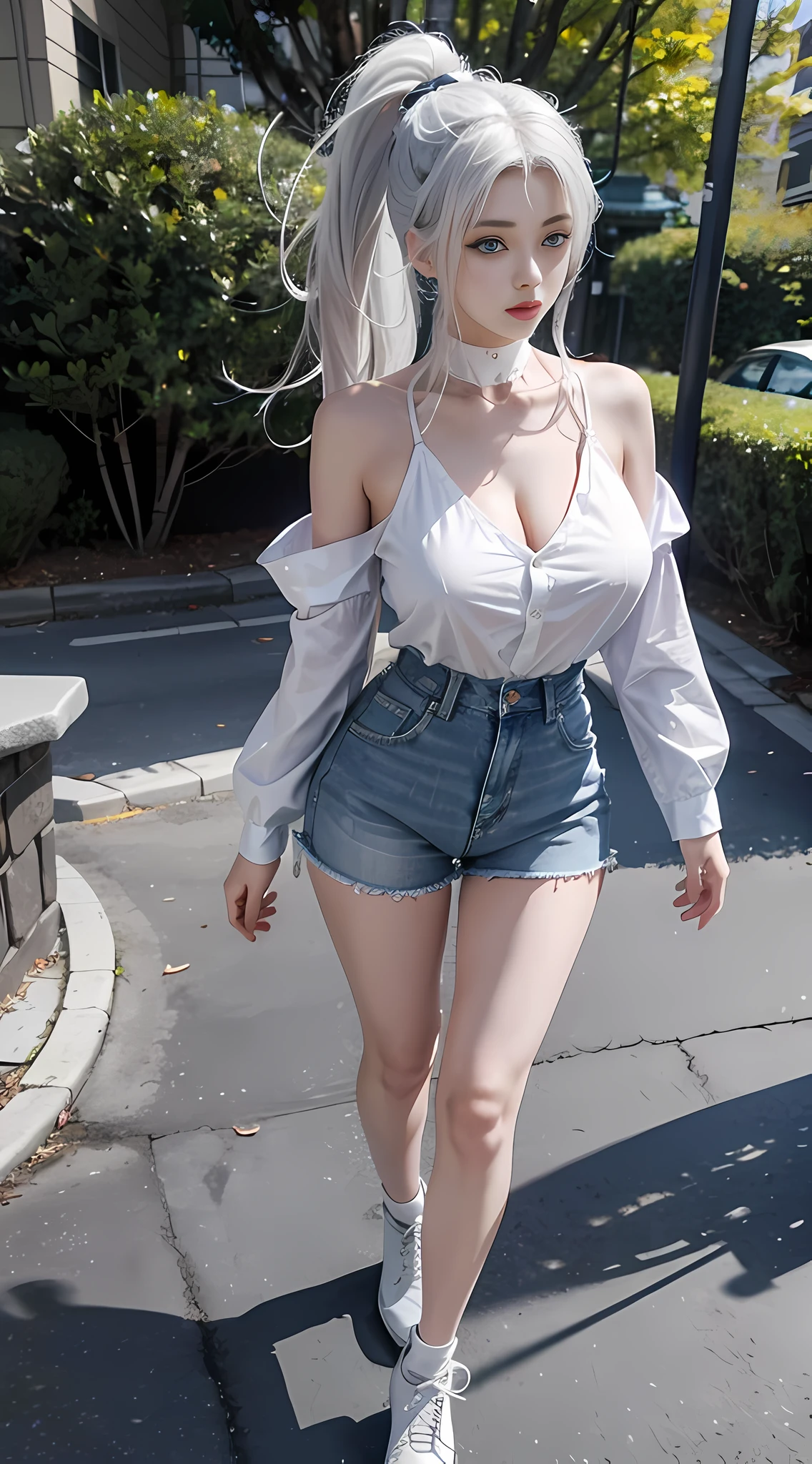 Ultra HD, Ultra Detail, Full Body, Realistic, High Resolution, 8K 1 Girl, Ponytail White Hair, Korea, Blue Eyes, Shirt, Skinny Denim Shorts, Big Breast, Thin Waist, Thighs