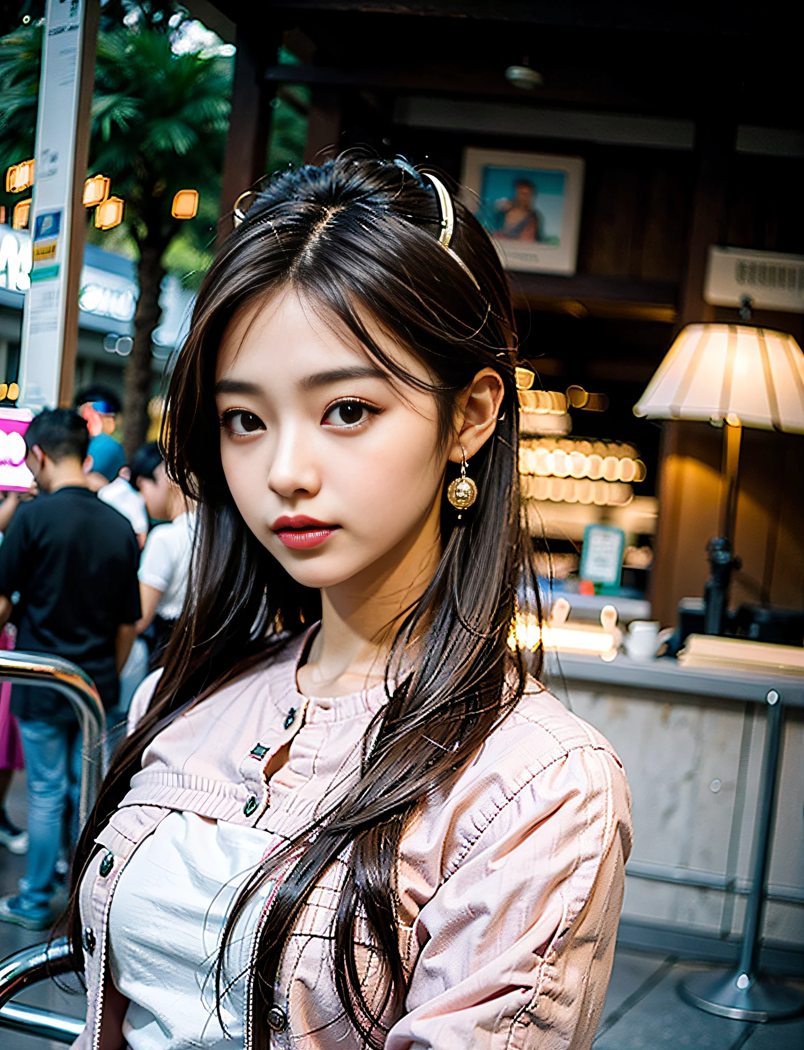 Masterpiece, 16K, Top Quality, Alafed Asian Woman with Long Brown Hair and Pink Shirt, 8K Artgerm Bokeh, Korean Girl, Beautiful Young Korean Woman, Korean Woman, Beautiful Korean Woman, Gorgeous Young Korean Woman, f/1. 9 6.8 1 mm ISO 4 0, Midshot Portrait