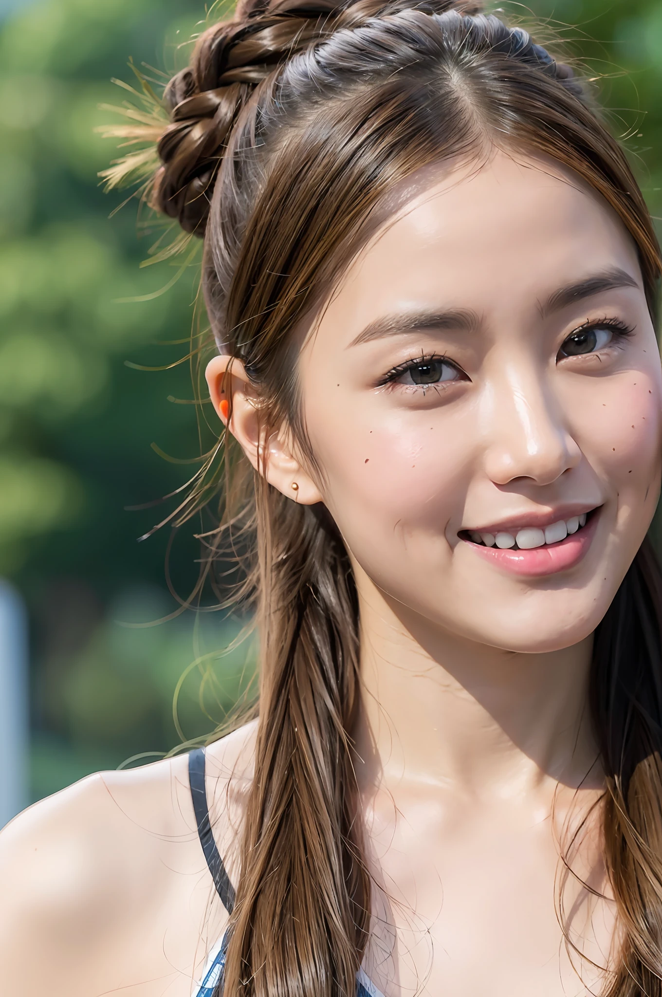 (8k, raw photo), film grain, ultra high definition, ultra detail, (super skin detail), incredibly absurd, strong rim light, asian, slim girl, seductive smile, staring, small, tattoo, braided hair, blonde hair, ((light brown hair)), (photoreal: 1.3) daylight, 1 girl, instagram, outdoor, (black shirt: 1.2), (city)))), ( very detailed face), (bangs), naked body, cycling girls, cycling, cycling wear, bicycle, road bike, sports,