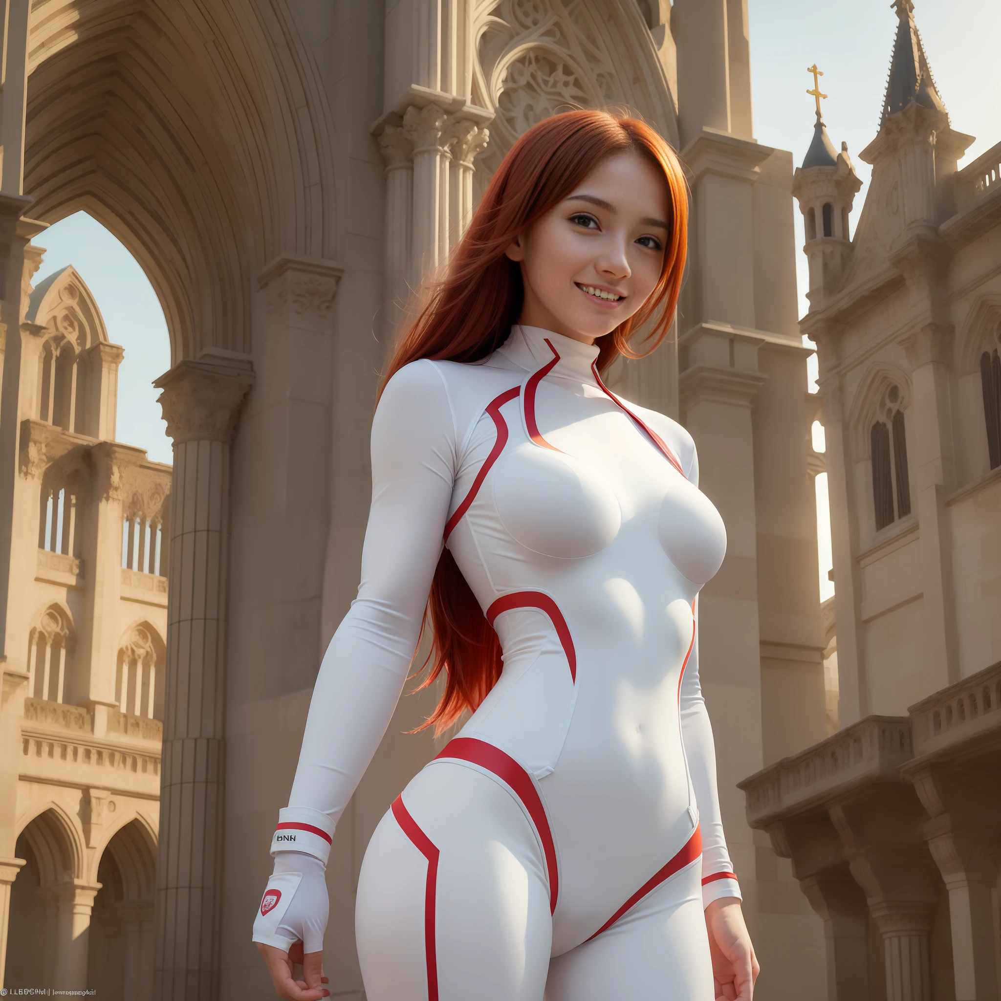 1girl, solo, 20 yo, red_hair, (smile:1.3), blush:1.2, glossy skin, from below,
(a girl wearing a white union suit:1.3), tall, Clavicle, large breast, nipple, navel, Pubic bone:1.2, pubic shape, cameltoe:1.3,
15th century European city, sunset, Standing on the roof of a cathedral,
lens flare, cinematic_light, (outside black border:1.3), high detailed backgrounds,
(masterpiece, best quality, excellent quality:1.3),
