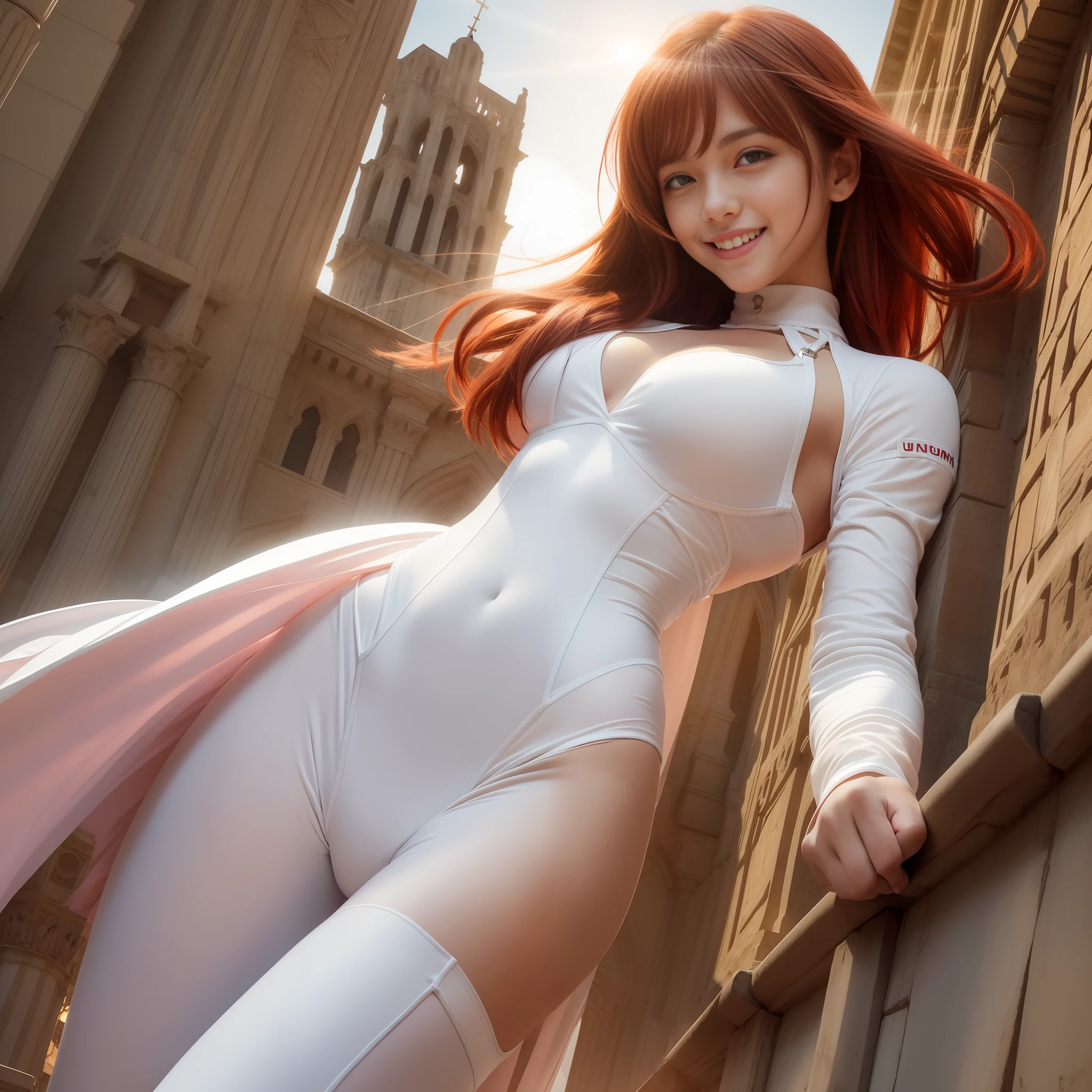 1girl, solo, 20 yo, red_hair, (smile:1.3), blush:1.2, glossy skin, from below,
(a girl wearing a white union suit:1.3), tall, Clavicle, large breast, nipple, navel, Pubic bone:1.2, pubic shape, cameltoe:1.3,
15th century European city, sunset, Standing on the roof of a cathedral,
lens flare, cinematic_light, (outside black border:1.3), high detailed backgrounds,
(masterpiece, best quality, excellent quality:1.3),