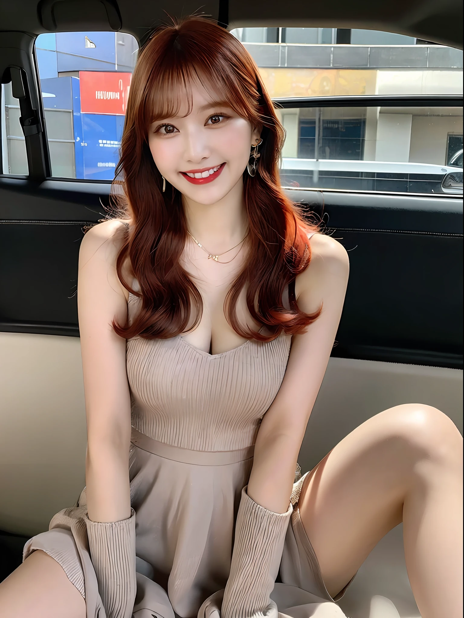 8k, RAW photo, portrait, best quality, ultra high res, photorealistic,
1girl, full body, thigh, red hair, earrings, necklace, car, grin, eyelashes,beauty breast, spread legs,cinematic lighting, depth of field, lens flare,