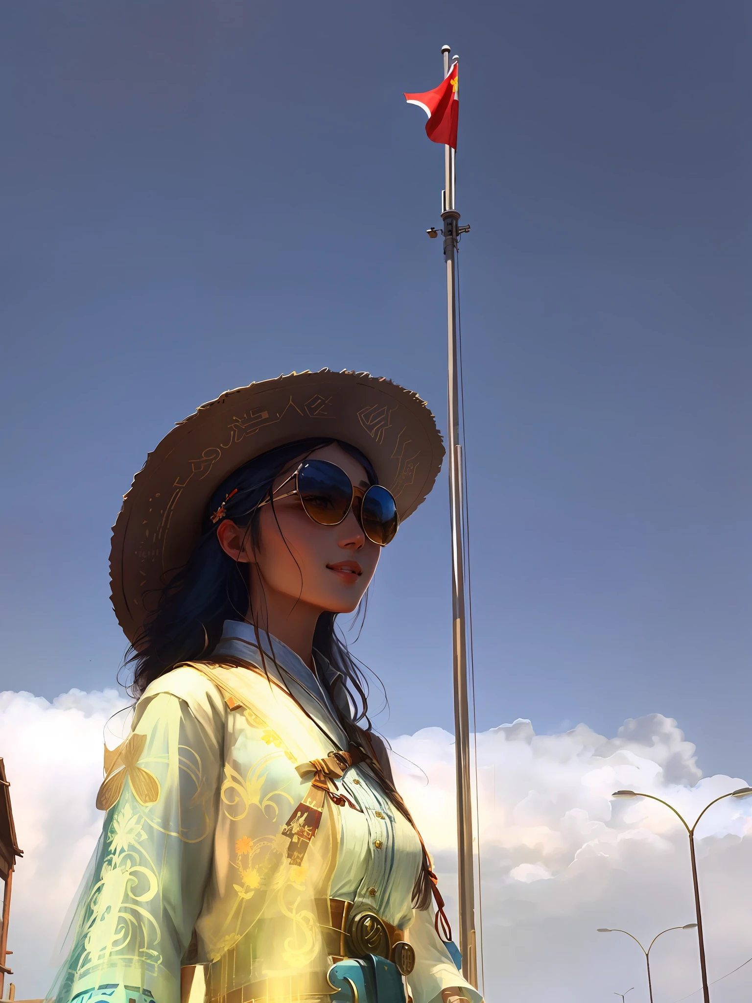 There is a beautiful woman standing in front of a flag, high value, wearing a cowboy hat, wearing sunglasses, cowgirl, very, very high quality pictures, western denim, Hanfu, high quality, clear sky, smile, blue sky, white clouds, busts, national style