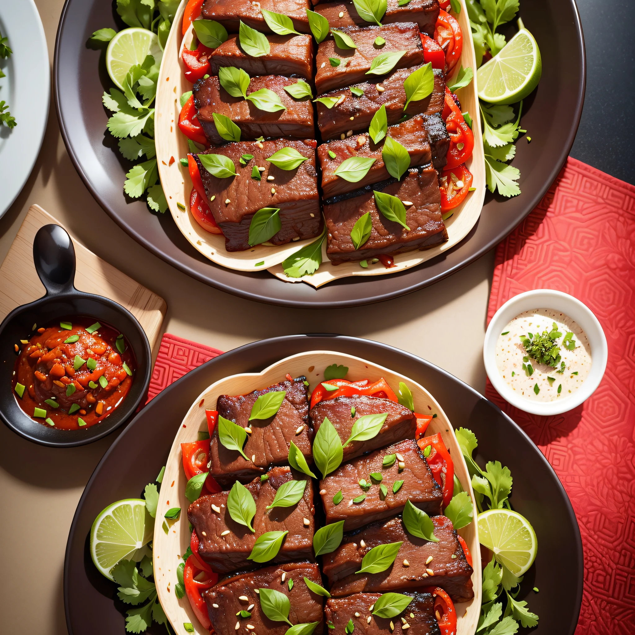 a plate of Sichuanstyle spicy beef slices, beautifully presented with vibrant colors and garnished with fresh herbs, captured with a macro lens to showcase the intricate details, food photography, closeup, mouthwatering cuisine