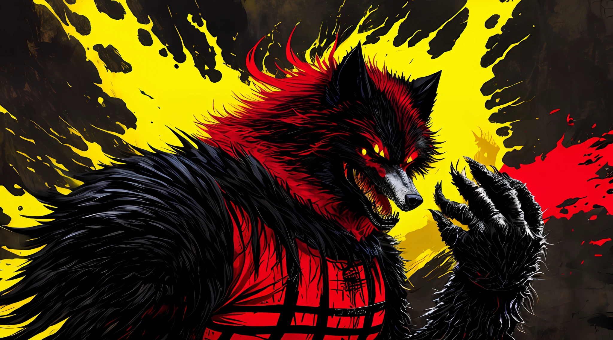 red, yellow and black, a berserk werewolf, solo, in the style of Mork Borg, strong contrast, grunge dirty punk splash art, black metal zine