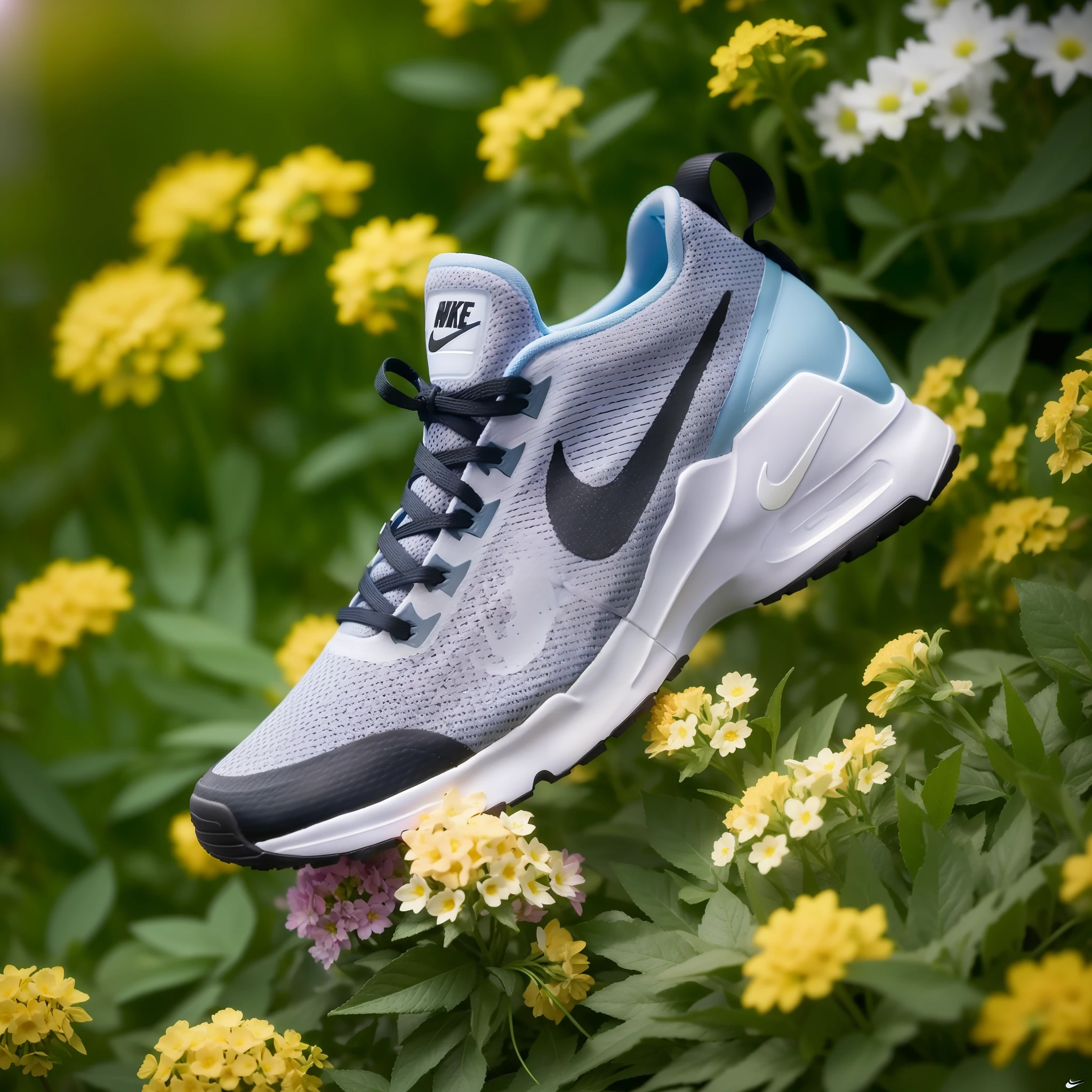 (Nike sneakers surrounded by flowers 1.5), (close-up), (best quality), ultra-detailed, ultra-realistic, Octane renderer, high dynamic range, (HDR), 32K resolution, super resolution, megapixels, tyndall effect, lens flares, shadows, bloom, backlight, depth of field, natural lighting,