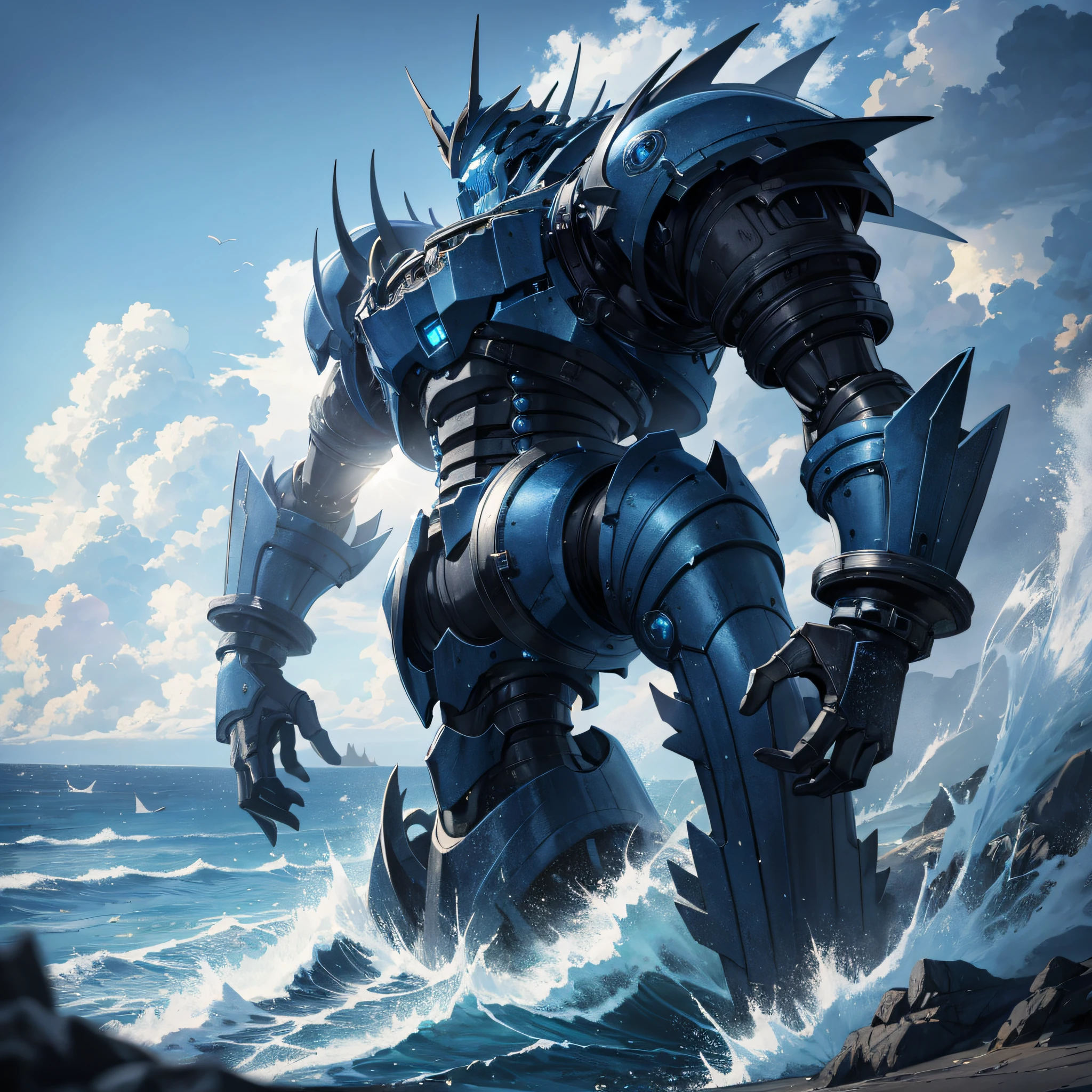Absurd resolution, high resolution, (masterpiece: 1.4), hyper-detail, coastside, blue mechanical titan giant, shocking