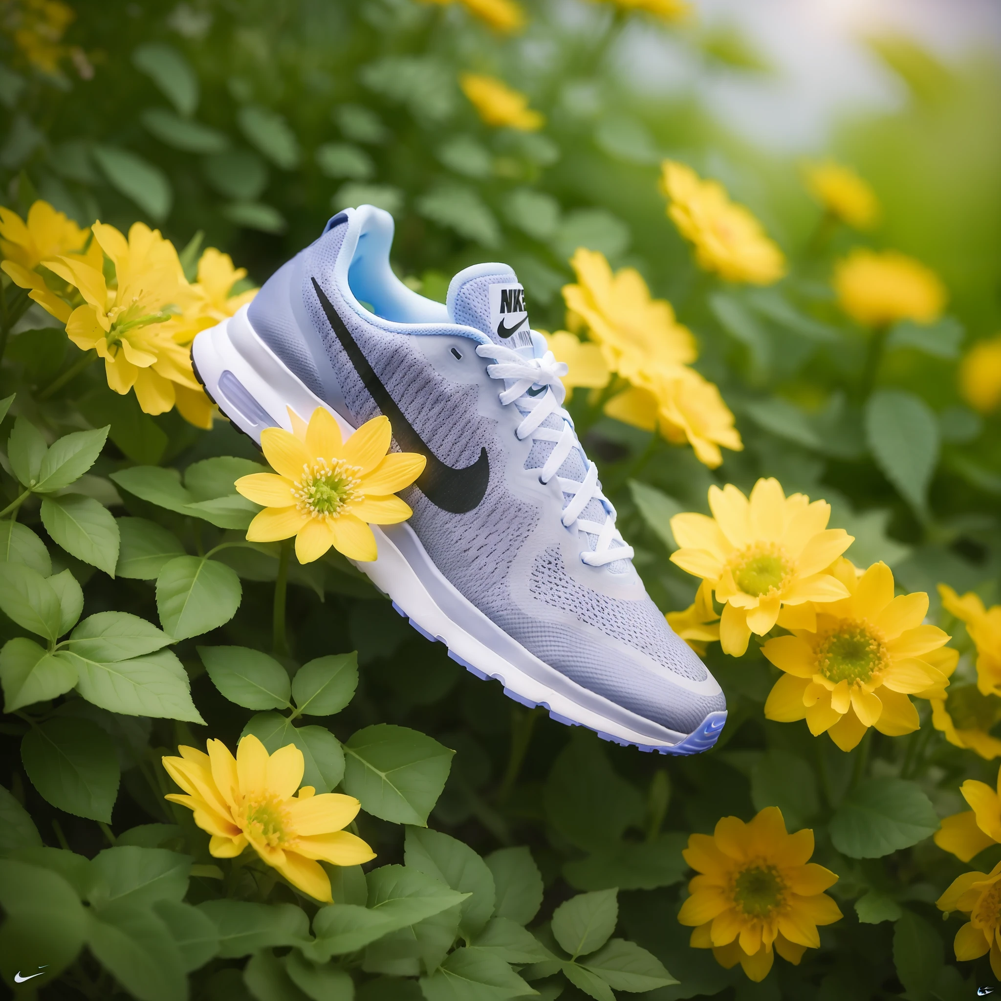 (Nike sneakers surrounded by flowers 1.5), (close-up), (best quality), ultra-detailed, ultra-realistic, Octane renderer, high dynamic range, (HDR), 32K resolution, super resolution, megapixels, tyndall effect, lens flares, shadows, bloom, backlight, depth of field, natural lighting,
