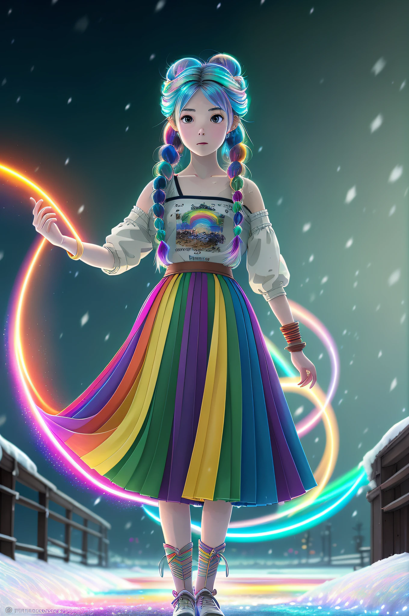 masterpiece, (studio ghibli:0.9), Beautiful glowing girl on a snowy winter night, depth of field, (rainbow coloured hair twirling and braids), (Greg Rutkowski:1.1) anime, pixar (neon galaxies background:1.1) (trendy sexy skirt:0.9),