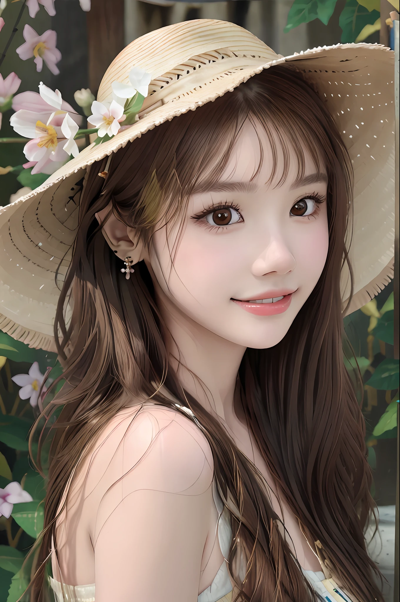 Best quality, masterpiece, super high resolution, (realistic: 1.4), original photo, 1 girl, hairpins, earrings, jewelry, brown hair, looking at the viewer, lips, playful, among the flowers, happy, lively, with straw hat, flowers