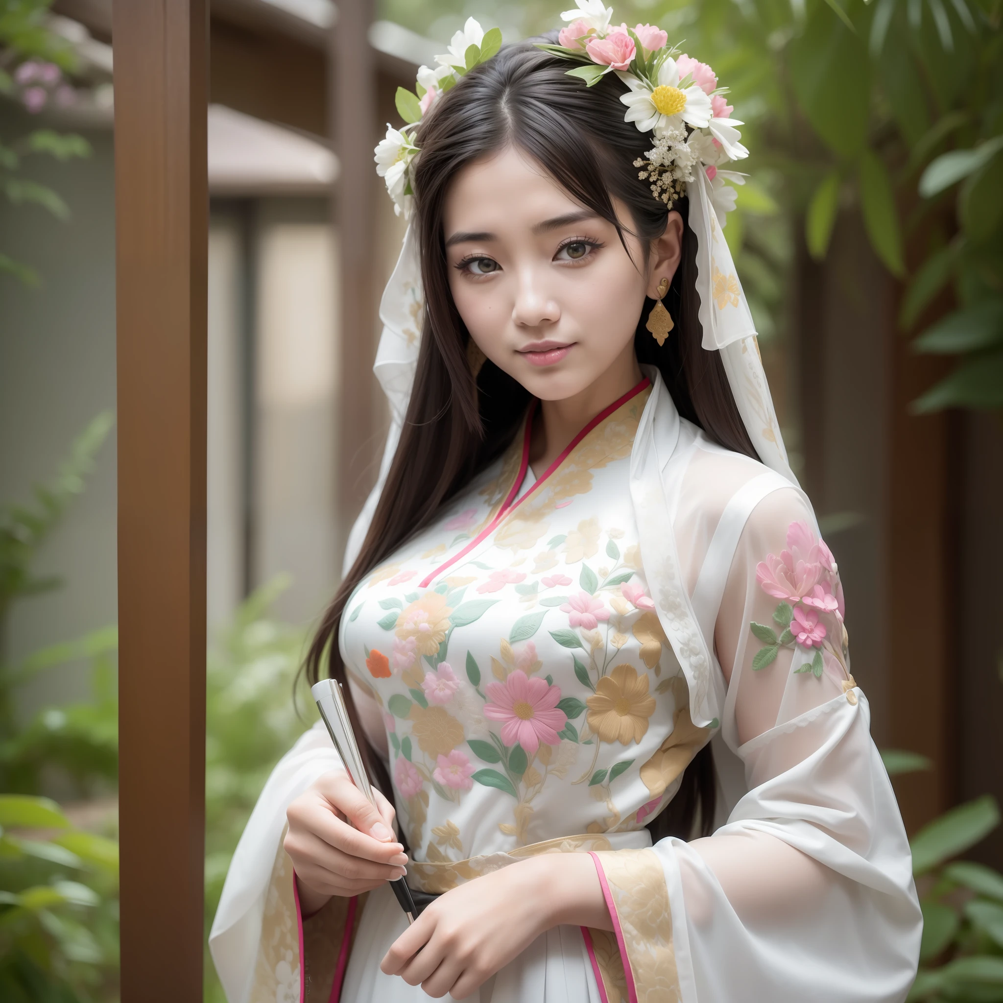 Masterpiece, absurdres,award winning photo, extremely detailed, amazing, fine detail, (extremely detailed eyes:1.125) and face, by lee jeffries nikon d850 film stock photograph 4 kodak portra 400 camera f1.6 lens rich colors hyper realistic lifelike texture dramatic lighting unrealengine trending on artstation cinestill 800 tungsten, beautiful woman, ulzzang-6500, smiling seductively, excited,
EDGHanfu, a woman, in an ancient China garden, wearing EDGHanfu, traditional,white, see through sleeves, floral embroidery, buttoned dress, black shoulder pads with beautiful and intricate floral embroidery, woman wearing makeup, flowers decorating her hair