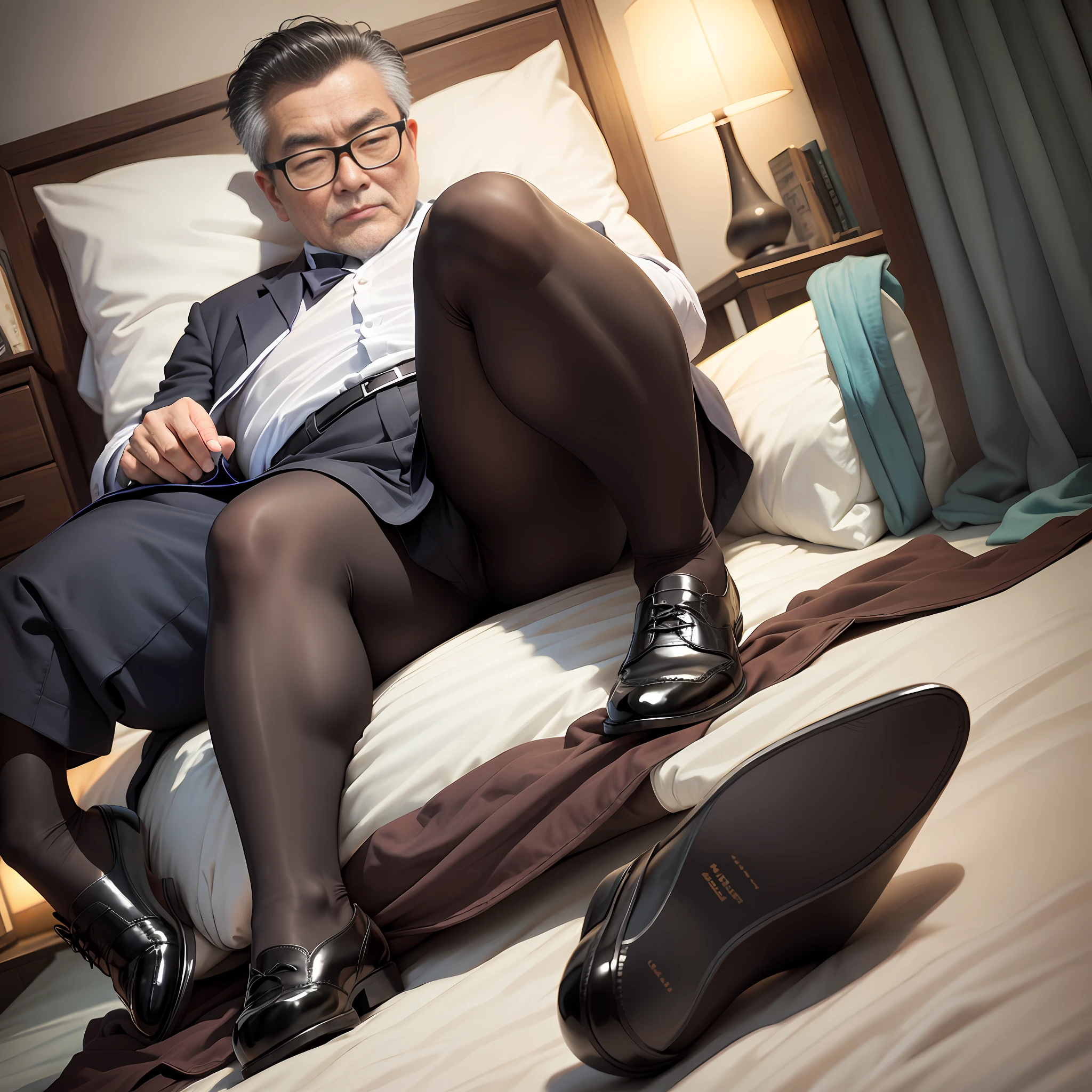 Suit Leaky ankle Black stockings Chinese old man slightly chubby Elegant Amiable Lying in bed Old man Old man Wearing glasses Spread legs Fully dressed Leather shoes