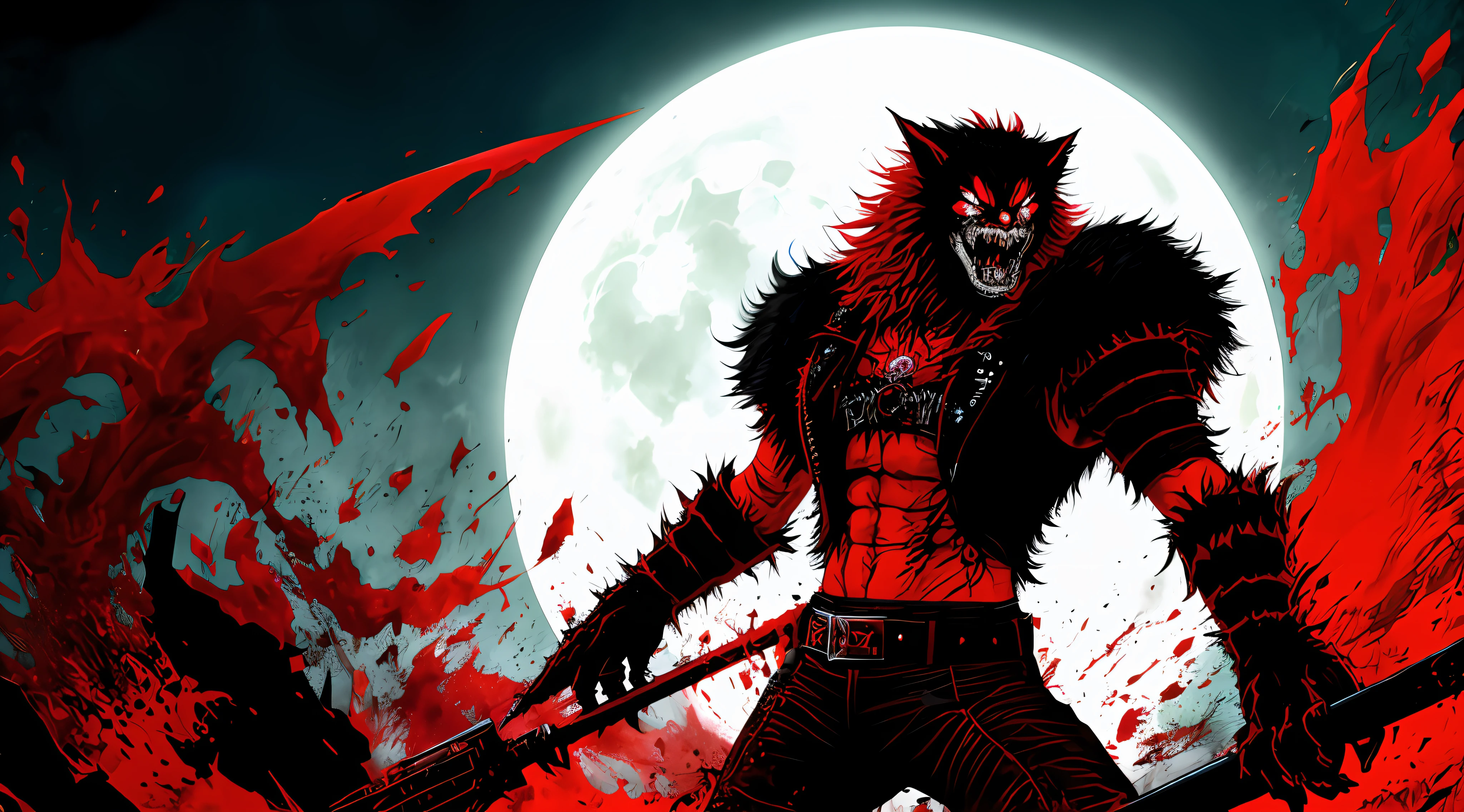 red and black, a full body berserk werewolf, solo, in the style of Mork Borg, strong contrast, grunge dirty punk splash art, black metal zine