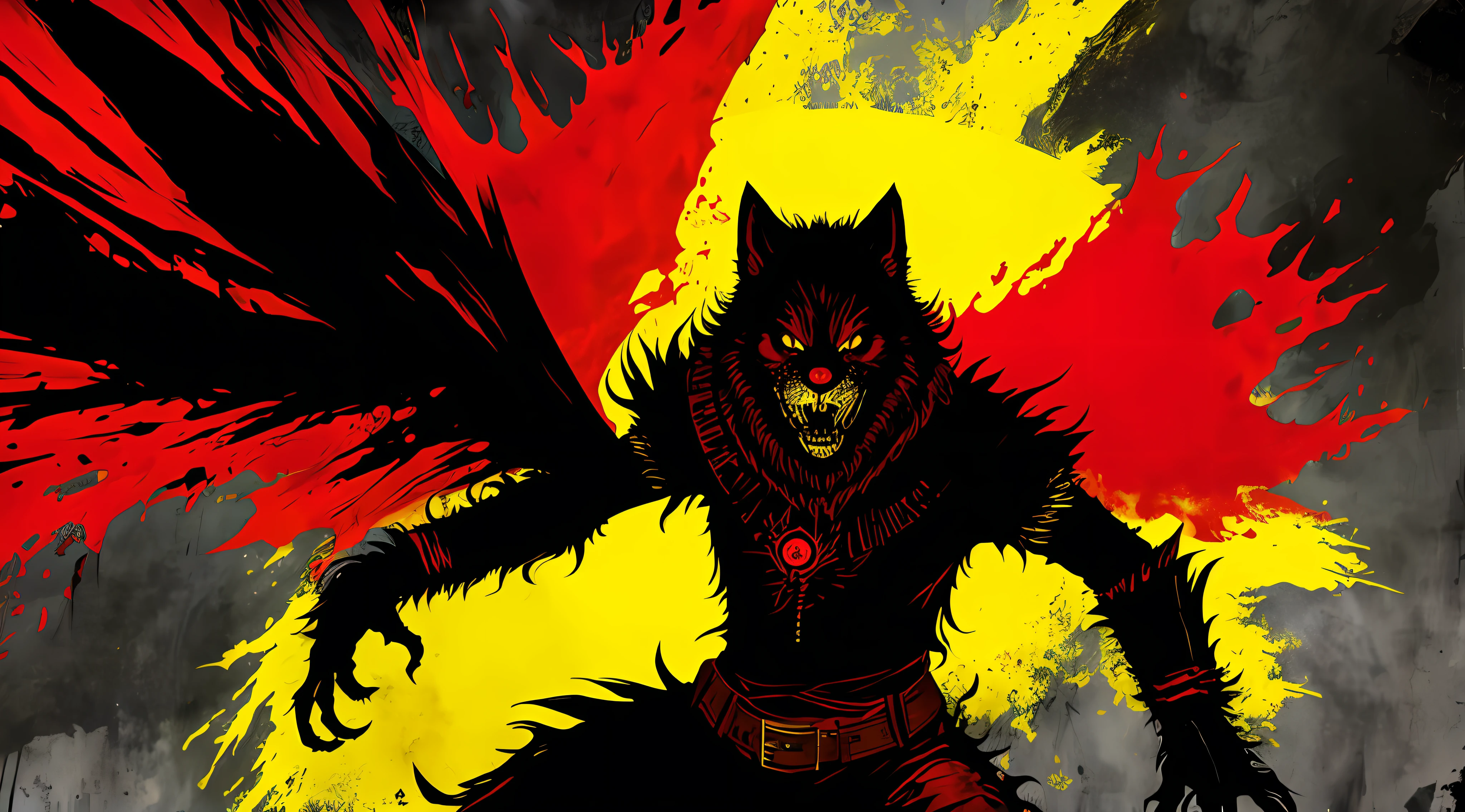 red, yellow and black, a full body berserk werewolf, solo, in the style of Mork Borg, strong contrast, grunge dirty punk splash art, black metal zine
