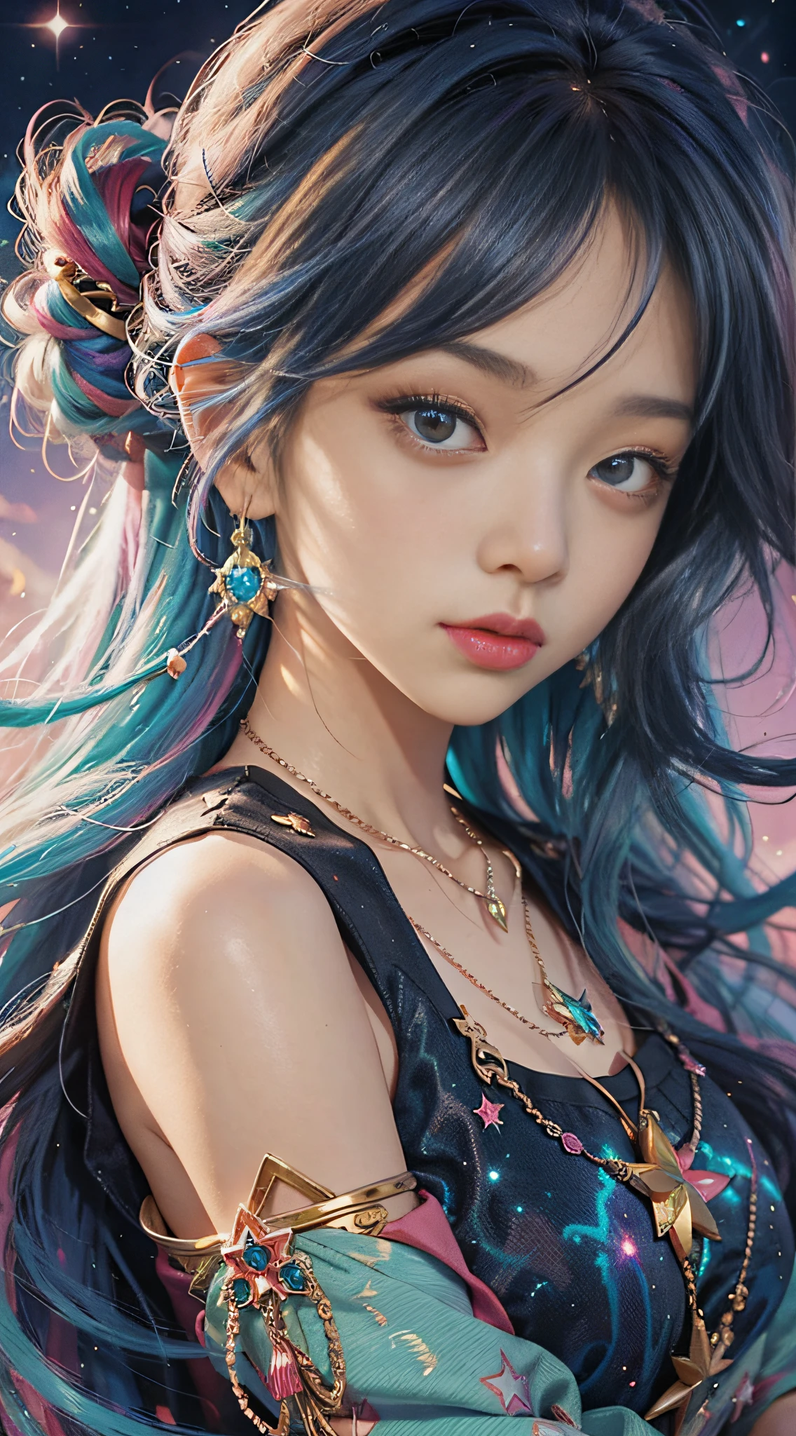 Close-up of a woman with colorful hair and necklace, anime girl with cosmic hair, Rossdraws' soft vitality, Guvez style artwork, fantasy art style, colorful]", vibrant fantasy style, Rossdraws cartoon full of vitality, cosmic and colorful, Guweiz, colorful digital fantasy art, stunning art style, beautiful anime style, full body lighting, skin brightening, sexy expression