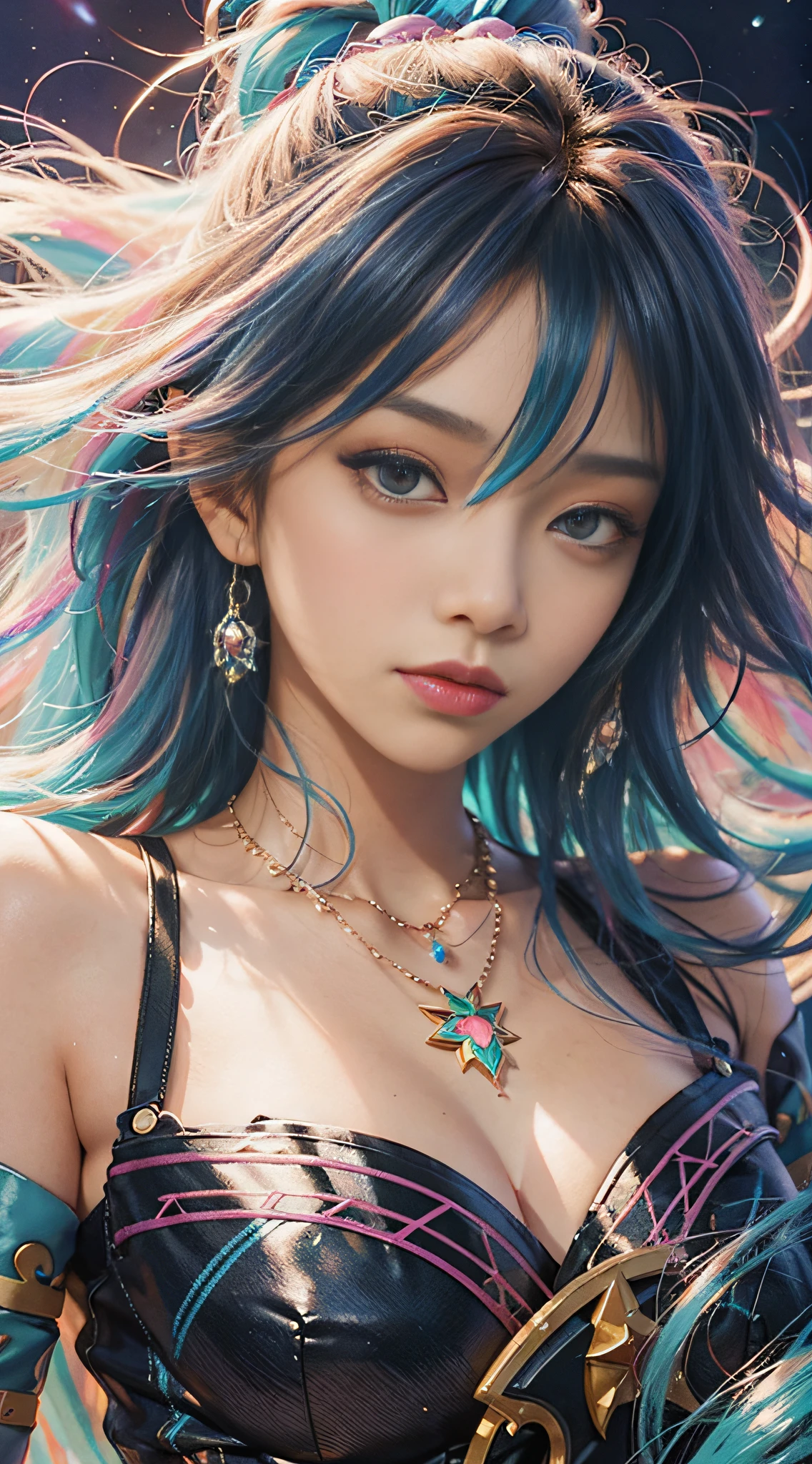 Close-up of a woman with colorful hair and necklace, anime girl with cosmic hair, Rossdraws' soft vitality, Guvez style artwork, fantasy art style, colorful]", vibrant fantasy style, Rossdraws cartoon full of vitality, cosmic and colorful, Guweiz, colorful digital fantasy art, stunning art style, beautiful anime style, full body lighting, skin brightening, sexy expression