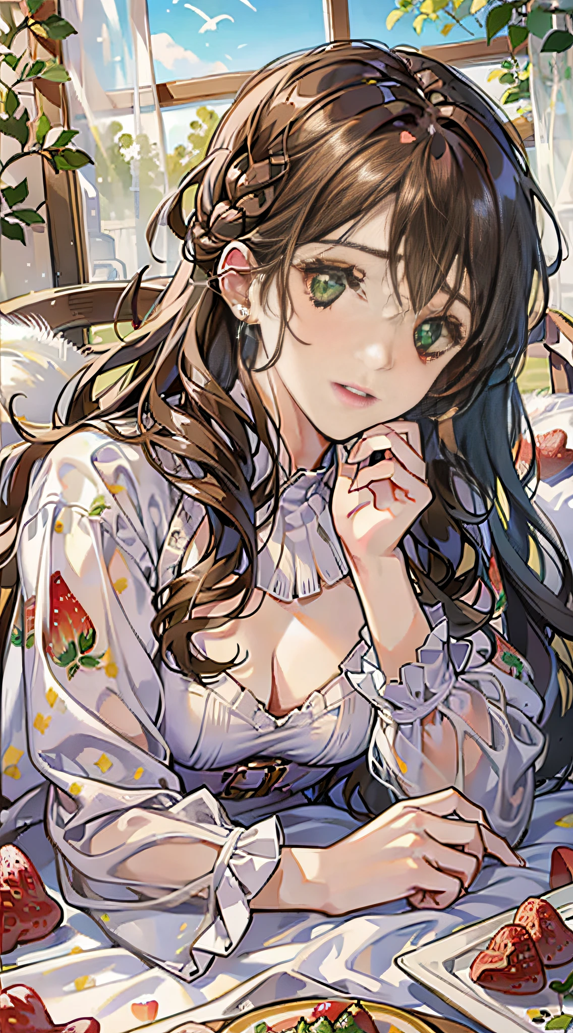 Girl with semi-long wavy brown hair, lying on her stomach looking at a photo of her boyfriend, in tender white pajamas and print strawberries, scenery of tender girl, emerald eyes,