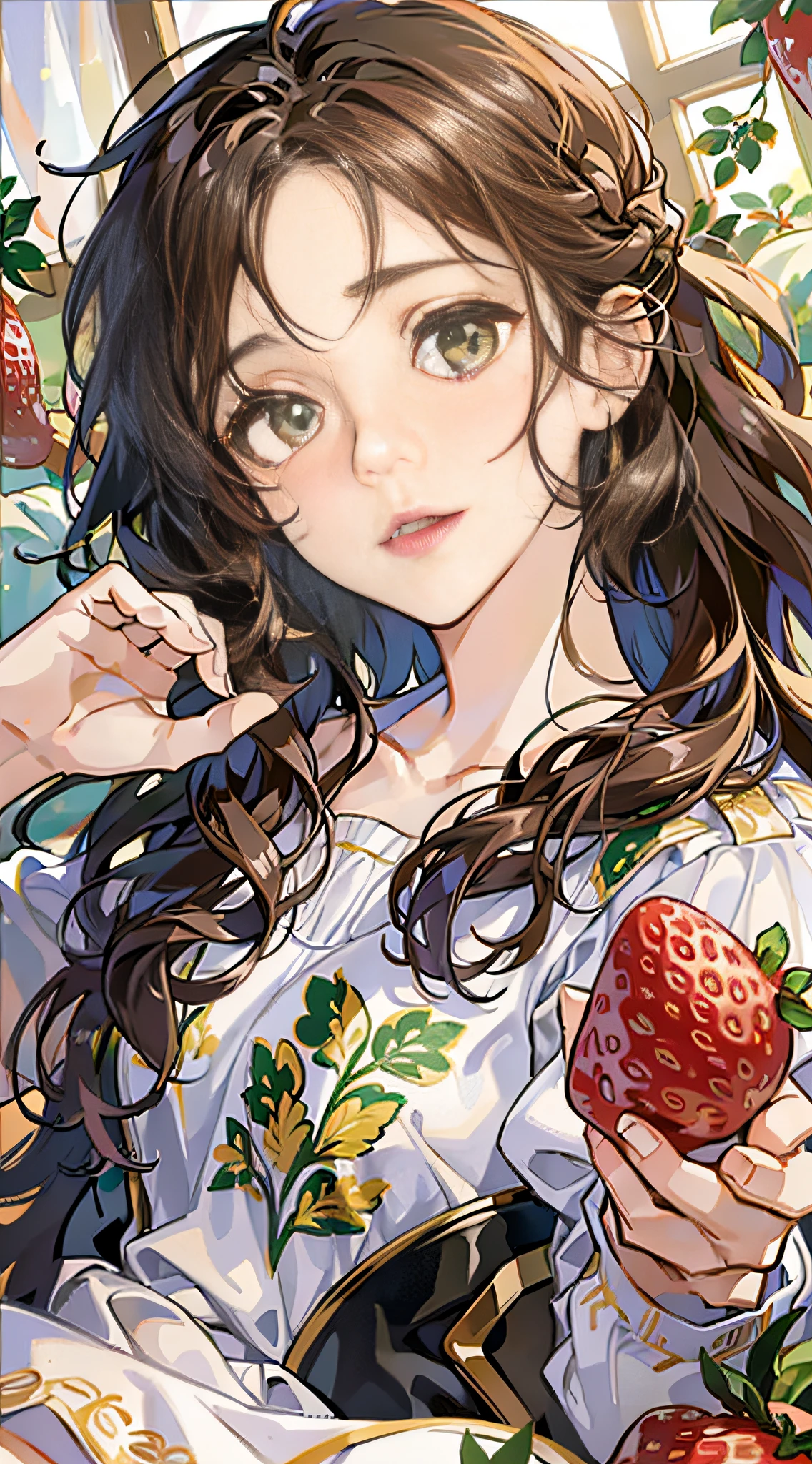 Girl with semi-long wavy brown hair, lying on her stomach looking at a photo of her boyfriend, in tender white pajamas and print strawberries, scenery of tender girl, emerald eyes,