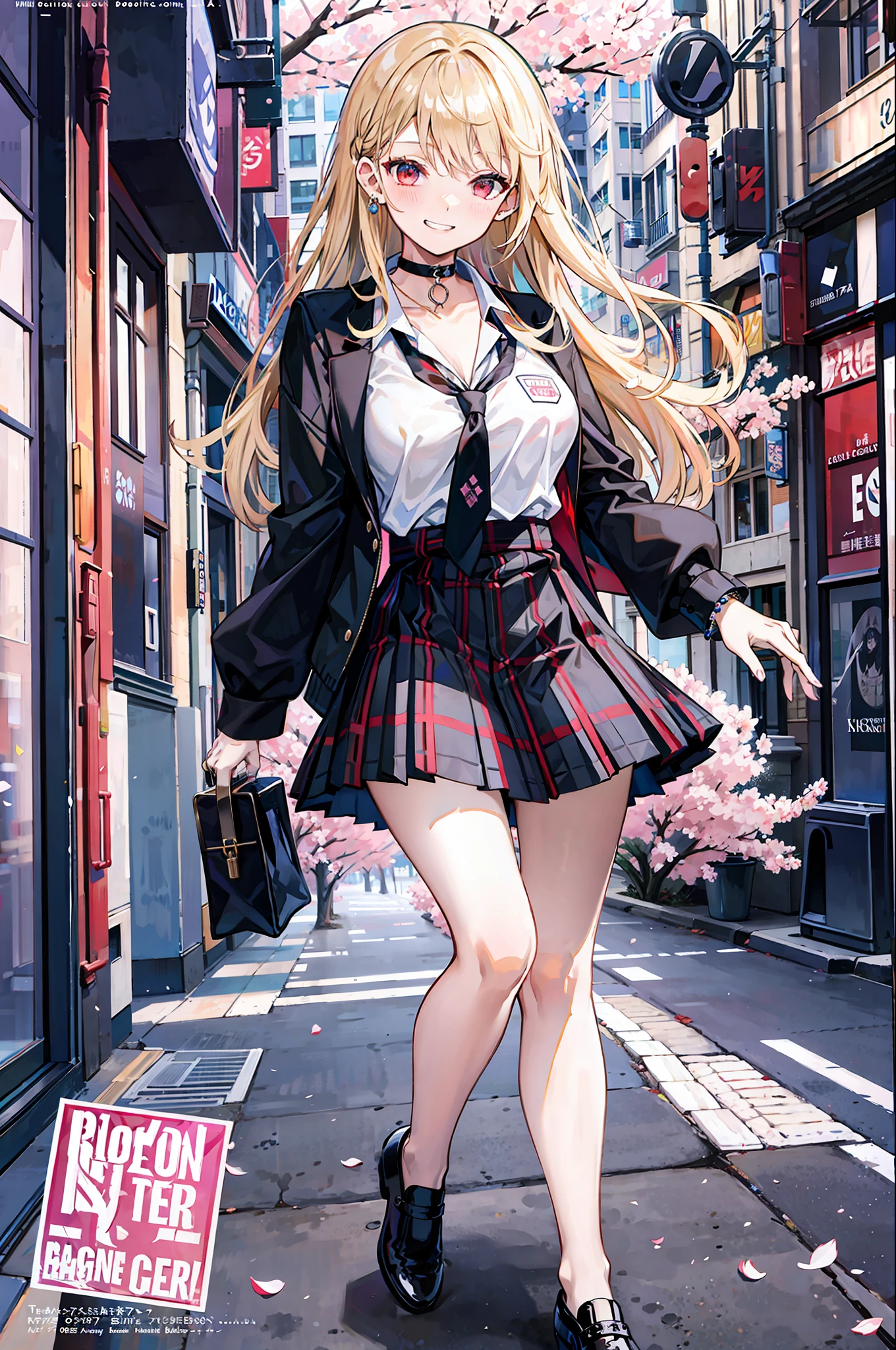 masterpiece, best quality,  full body,
1girl, bangs, black choker, black necktie, blonde hair, blue skirt, blush, bracelet, breasts, choker, clothes around waist, collarbone, collared shirt, cowboy shot, dress shirt, ear piercing, eyebrows visible through hair, gradient hair, grin, gyaru, jewelry, kogal, long hair, looking at viewer, loose necktie, necktie, piercing, plaid, plaid skirt, pleated skirt, red eyes, ring, school uniform, shirt, skirt, smile, solo, white shirt,
street, sky, cherry blossoms, petals,illustration, (magazine:1.3), (cover-style:1.3), fashionable, woman, vibrant, outfit, posing, front, colorful, dynamic, background,  elements, confident, expression, holding, statement, accessory, majestic, coiled, around, touch, scene, text, cover, bold, attention-grabbing, title, stylish, font, catchy, headline, larger, striking, modern, trendy, focus, fashion,
