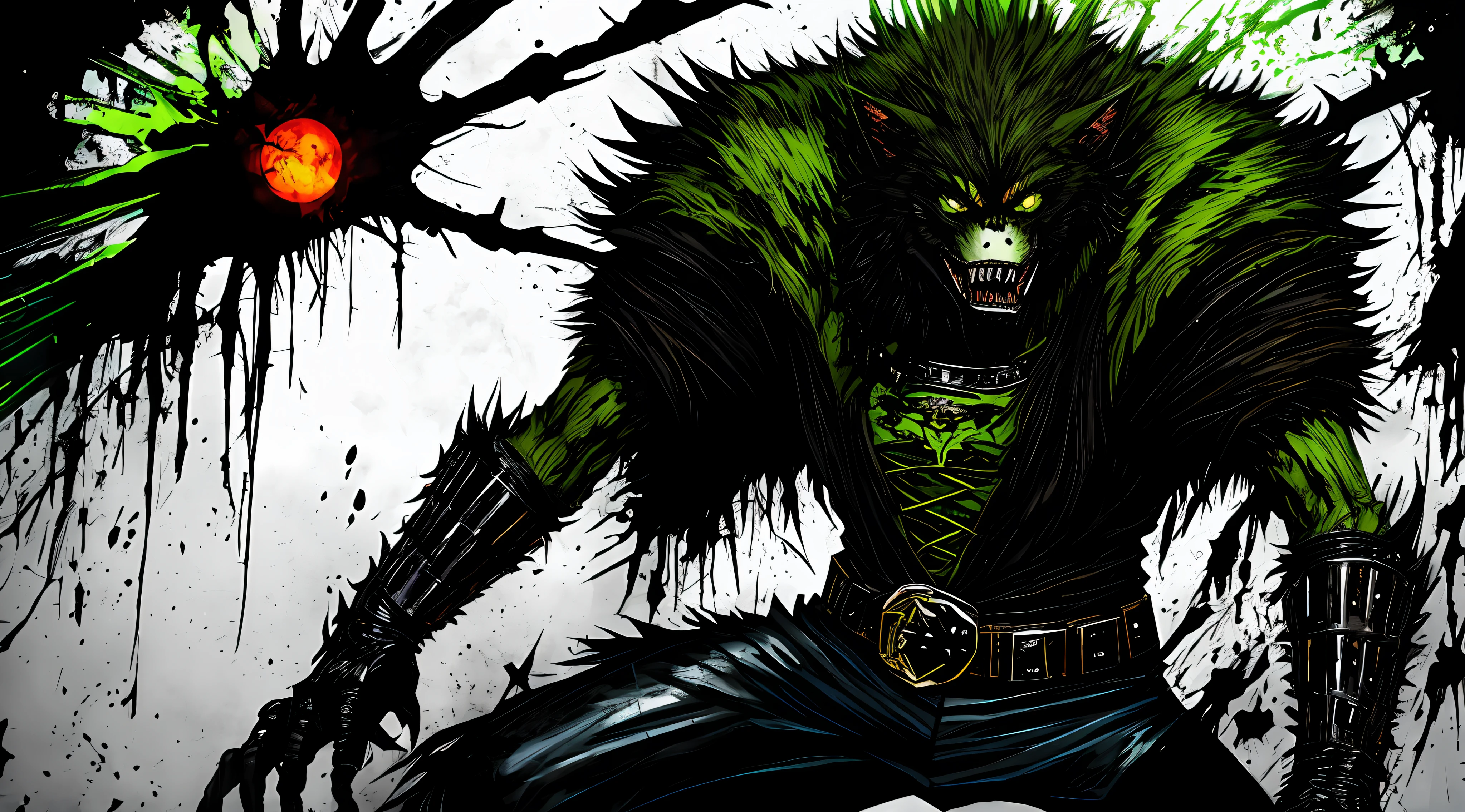 green and black, a full body berserk werewolf, solo, in the style of Mork Borg, strong contrast, grunge dirty punk splash art, black metal zine