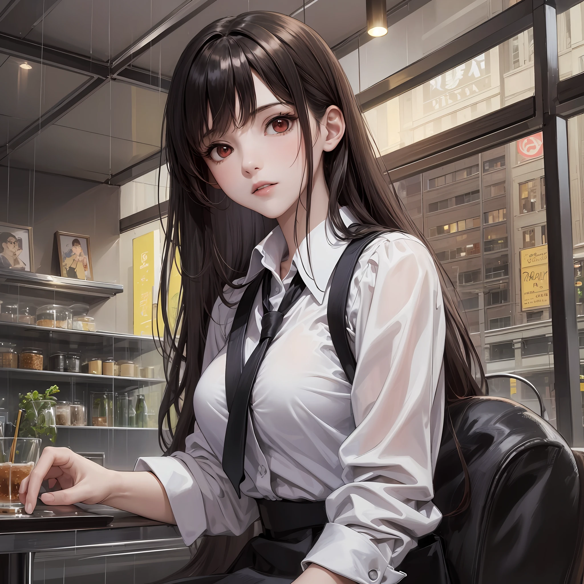 8K, Best Quality, Masterpiece: 1.2) , Super Detail, 1 girl, mature, indie, Detail café, evening, sit-down, expressionless , (shut up) Small tits, red eyes, Turkish, (collared shirt: 1.1) , black and white business wear, night, wet, rain, long hair, brunette, flowing hair, nova frog style, cat, --auto --s2