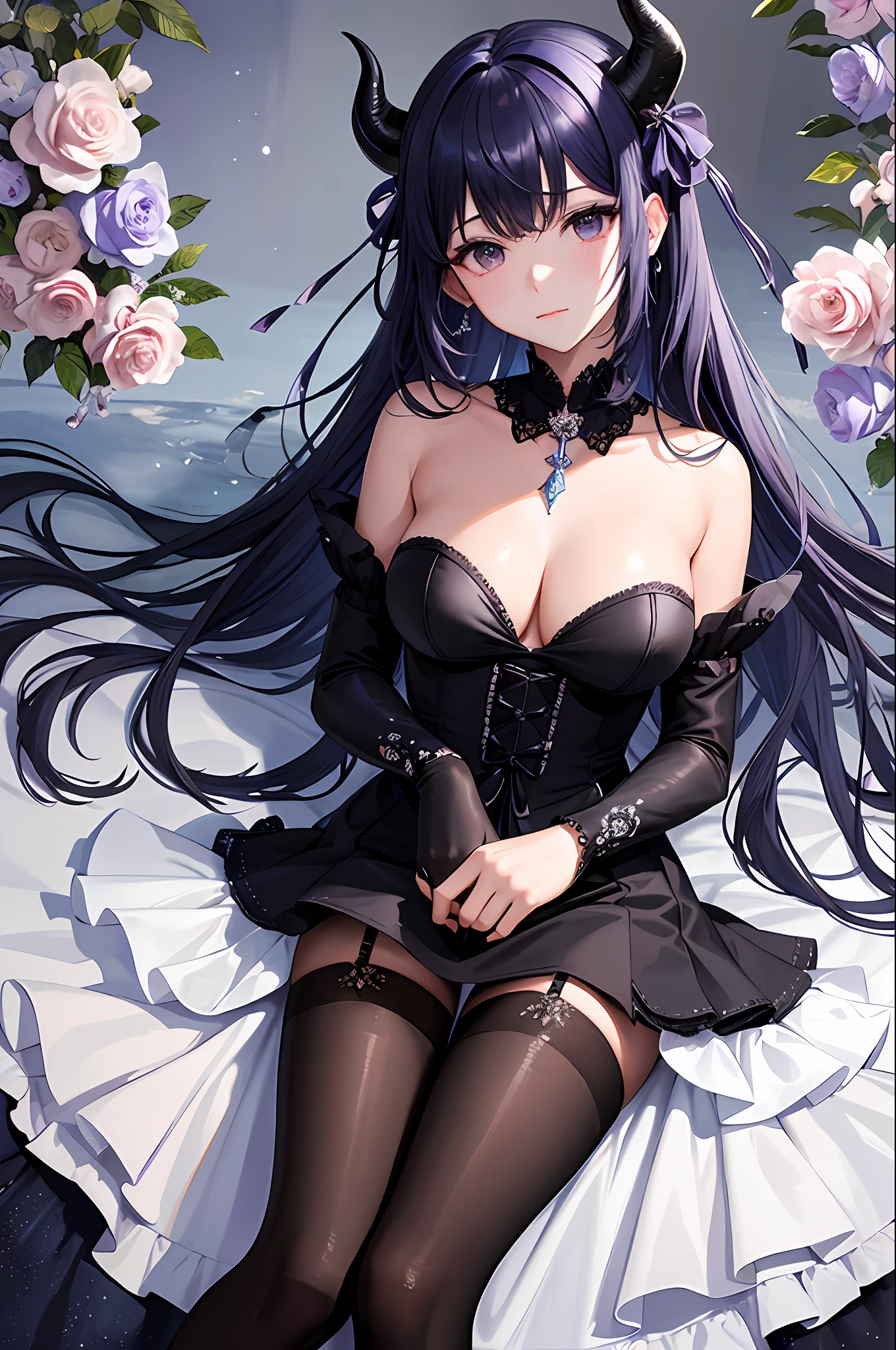 (Masterpiece, Top Quality, Best Quality, Watercolor (Medium), Official Art, Beauty and Aesthetics: 1.2), Bangs, Bare Shoulders, Full Body, Bells, Black Glove, Black Pantyhose, Blue Hair, Blush, Beautiful Breasts, Chinese Knot, Off Sleeves, Knots, Gloves, Horns, Mid-Chest, Neckbell, Purple Eyes, Seams, Solo, Tassels, Complex, High Detail, Water, Liquid, Starry Dots, Stars, Star Diamond Milky Way, Floral Lolita Shoes, Bow Clip;