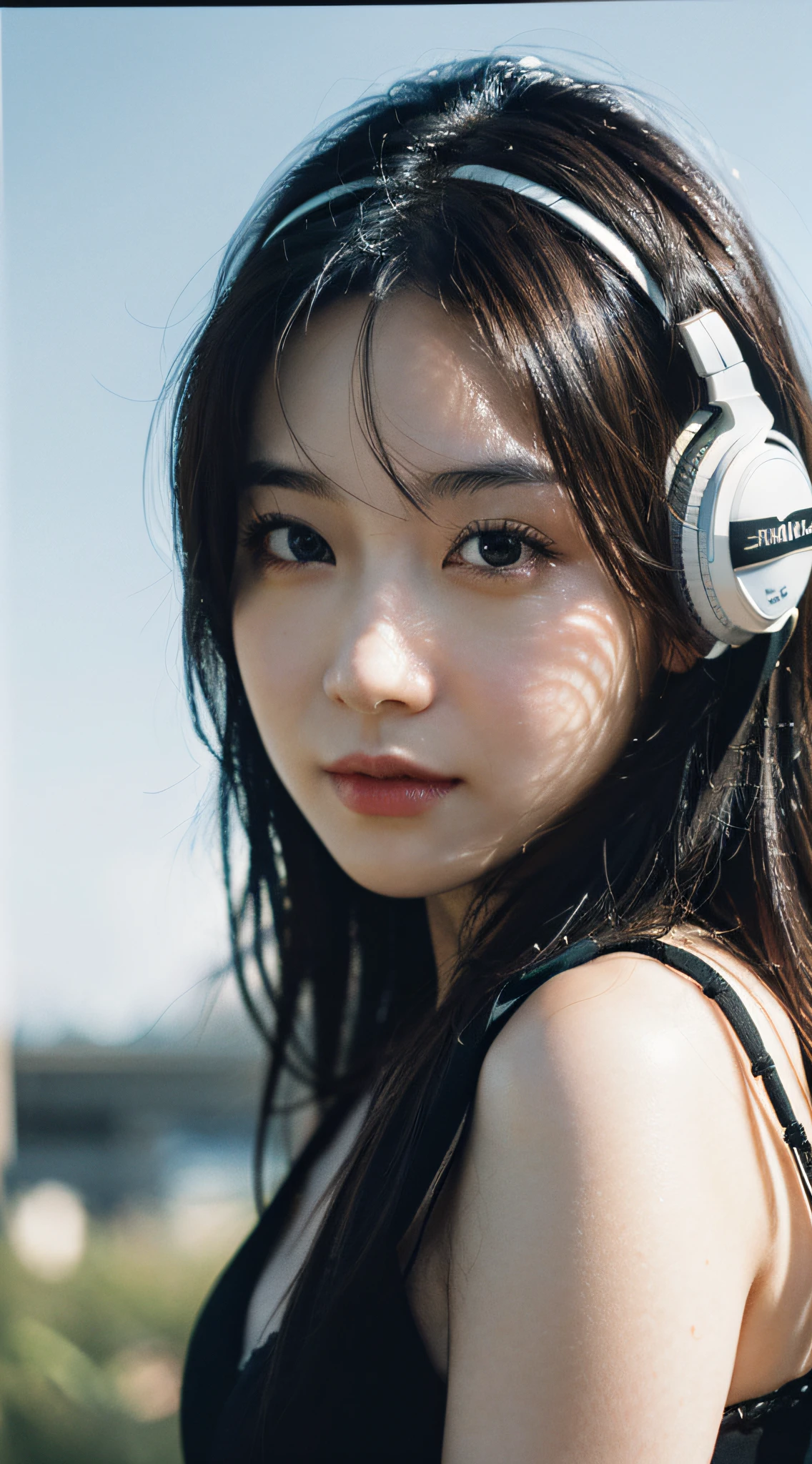 Best Quality, Masterpiece, Ultra High Resolution, (Realistic: 1.4), Original Photo, Head Photo, Skin, Simple Background, Black Eyes, Detail, Selfie, 1 Girl, Listen to Music, Sunshine,