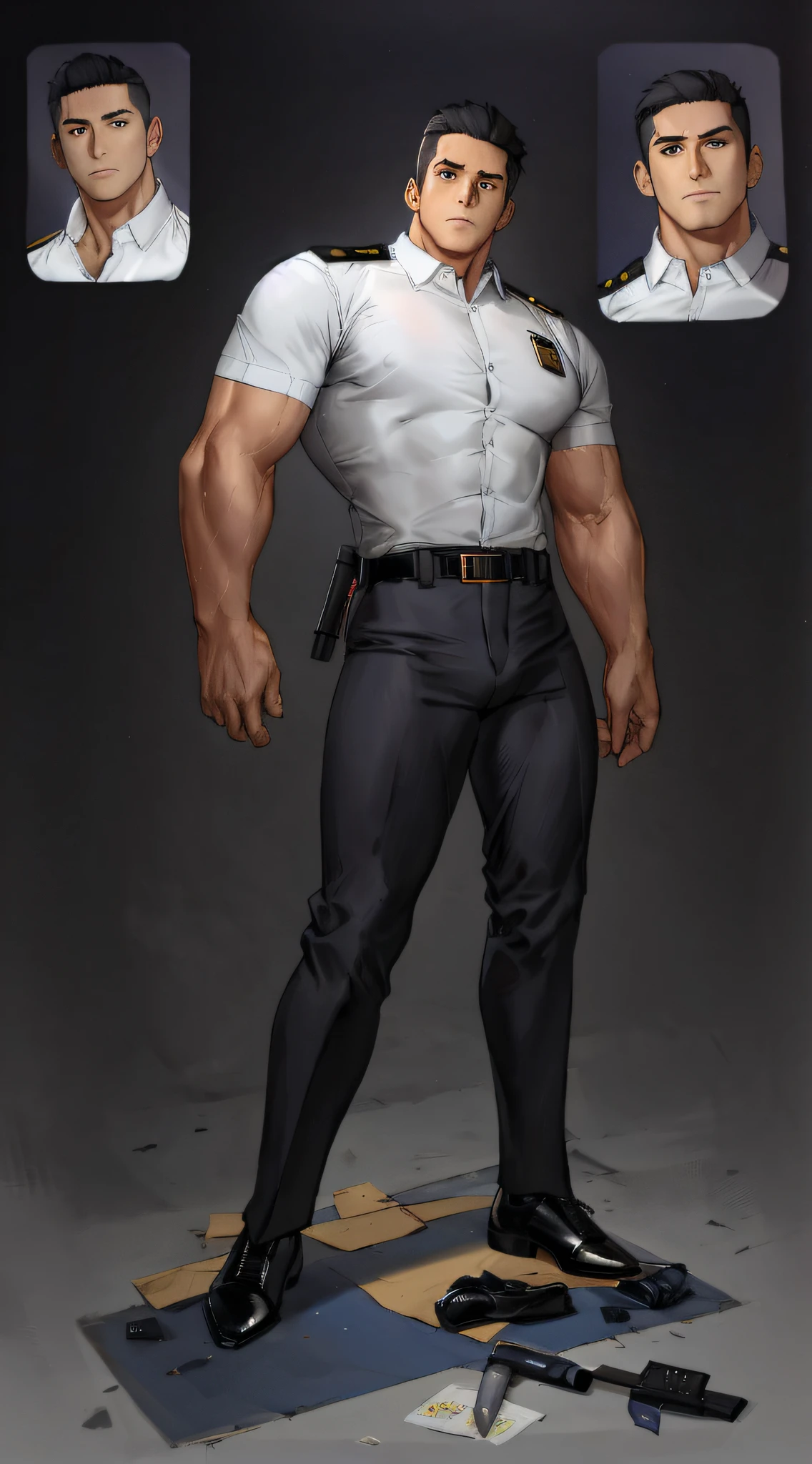 a close up of a man in a uniform with a gun, character design police man, human male character art, character design police man!!, detailed full body concept art, ( ( character concept art ) ), full body cgsociety, character full body portrait, full body character portrait, official character art, detailed full body concept, full-body character portrait