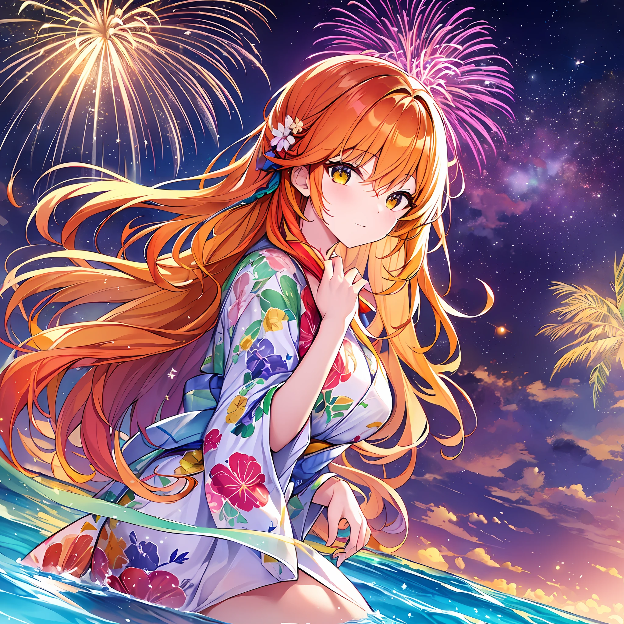 ((Masterpiece)),Top Quality,Super Detailed Illustration,Beautiful and Delicate (1 Woman),(Long Multicolored Hair: 1.2 + Redhead: 1.1 + Yellow Hair: 1.1 + Green Hair: 1.1 + Purple Hair),White Yukata,Red and Gold Band,Dynamic Angle,In Fireworks,Fluorescent Light,Night Sky Stars,Hi-Res,Cool Water,Summer Night Cool Landscape