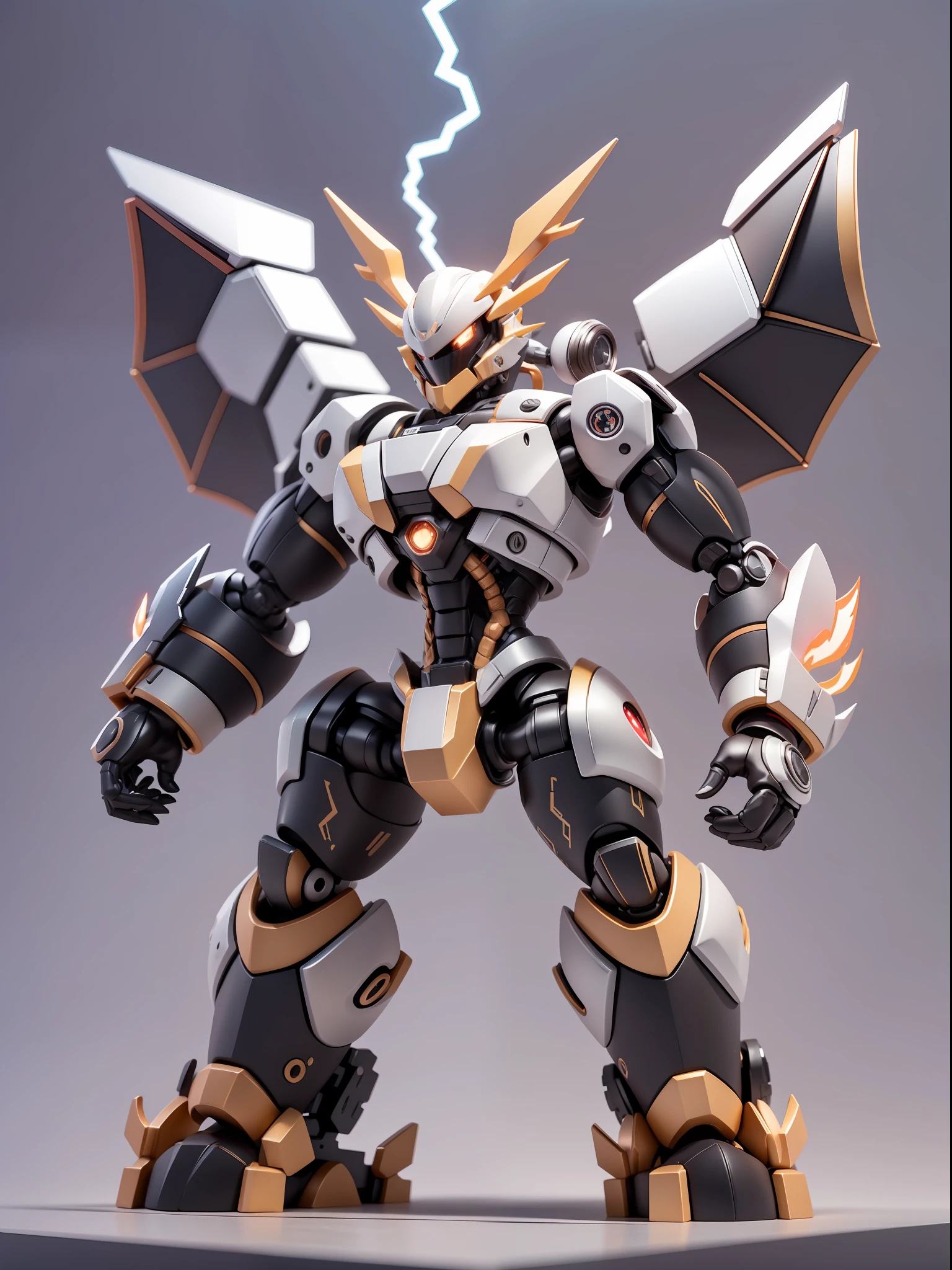 (Mechanical, Dragon: 1.331), (Mechanical Dragon Tail), Cute Style, Small, Big Head, 3D Rendering, ((Q Version)), Pokémon Style, Machine Style, Cinematic Texture, Figures, Pokémon, Movie Lights, Heavy Robotic Arm, Mechanical Belly, Mechanical Legs, Mechanical Legs, Mechanical Feeling, Background Surround Lightning, Lightning, Cool, Clean White Background, Ray Tracing, Premium Color, Full Body 3D Model, Action, Stylish Blind Box Toys. (fill body:1.2),chibi