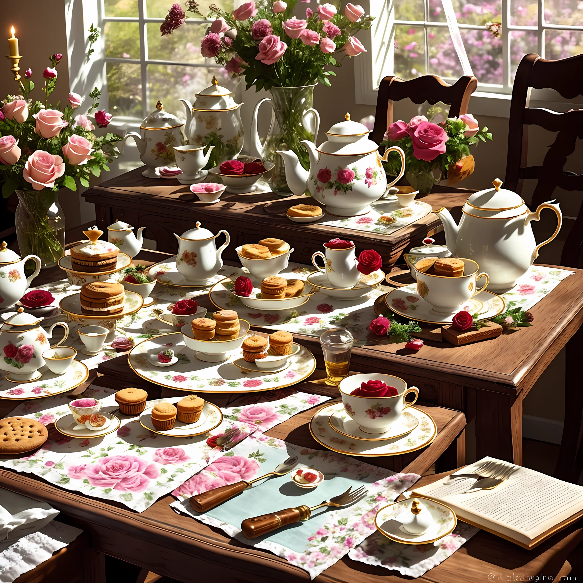 A table with cakes, biscuits and refreshments, a vase in the upper left corner with a few beautiful roses inserted in it, European teacups and teapots on the table, European afternoon tea, the afternoon sun shining, exquisite and beautiful picture