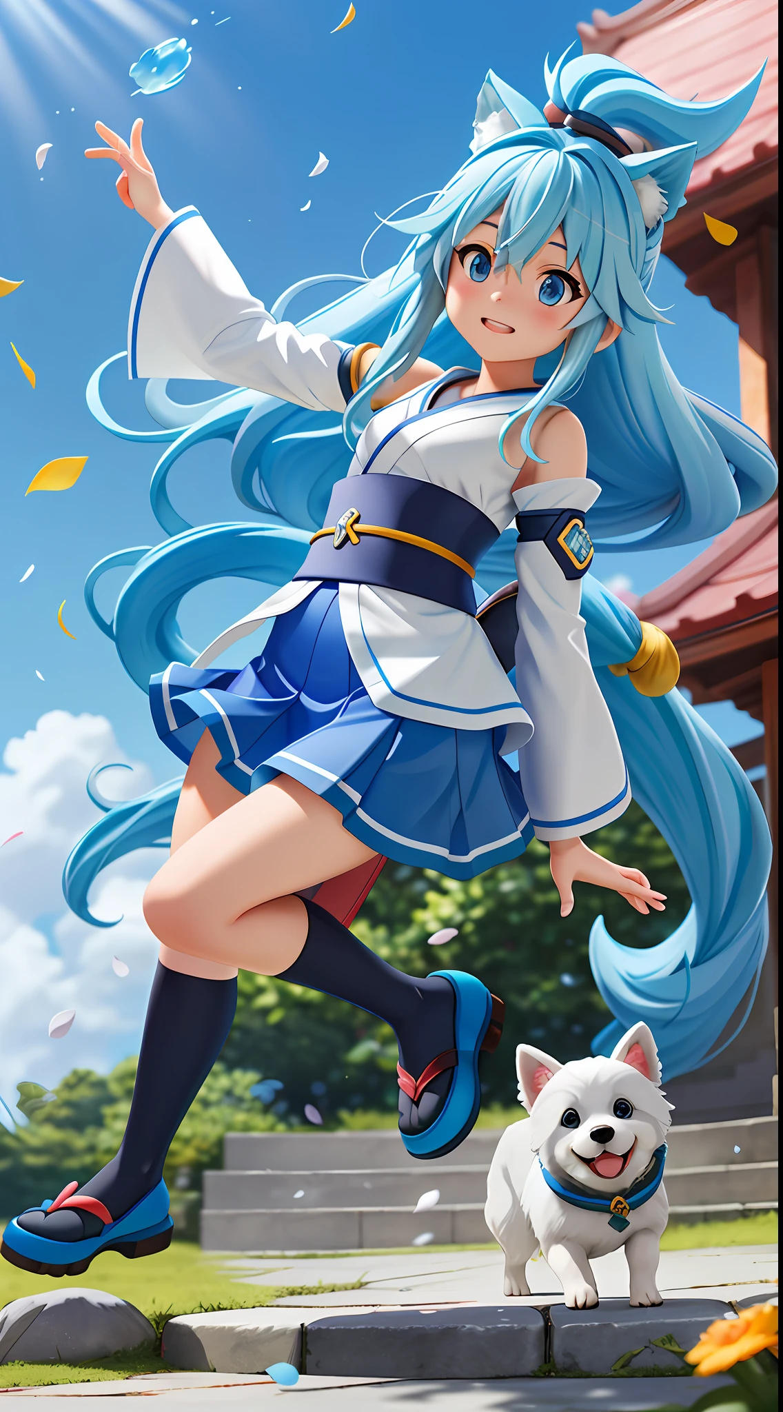 menina_aqua_konosuba dog, long hair, blue hair, dog ears blue eyes, detached long sleeves, white kimono, pleated miniskirt, dog's tail diffuse sunlight, depth of field, light particles, strong wind, blue sky, shrine, stone stairs, falling flower petals, facial focus