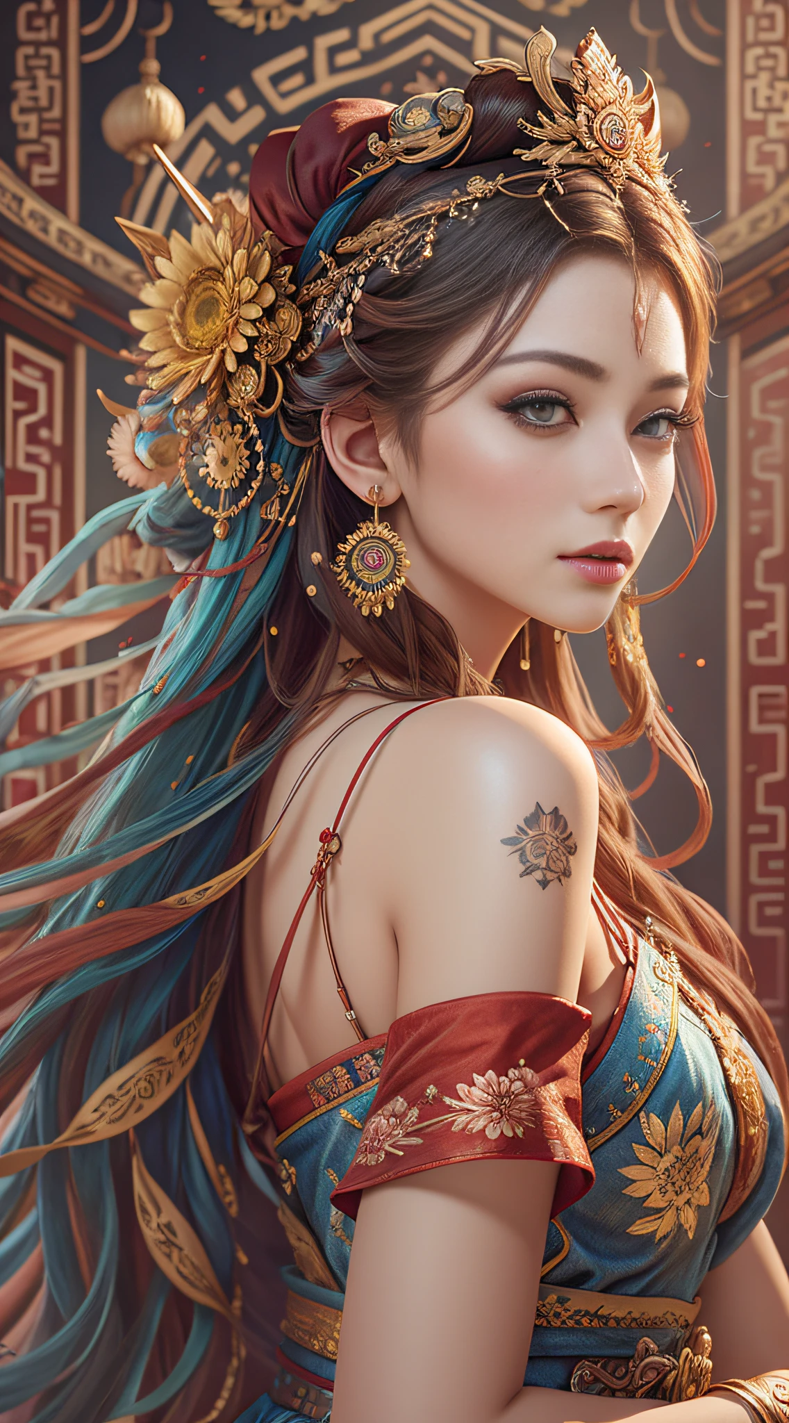 Best quality, masterpiece, ultra-detailed high resolution, (realistic: 1.4), original photos, illustrations,
1 Girl Holding Weapon, (Solo Exhibition: 1.2), (Denim Lens: 1.2), (Hair Crown: 1.2), Chinese Dunhuang Traditional Costume, No Straps, (Red Eyeliner: 1.2), (: 1.4), Earrings, Dynamic Angle, Opera House, messy_long_hair, Ink, Movie Lights, lens_flare, Velvet, Chrysanthemum, Tassels, Ribbons, Color Embroidery,