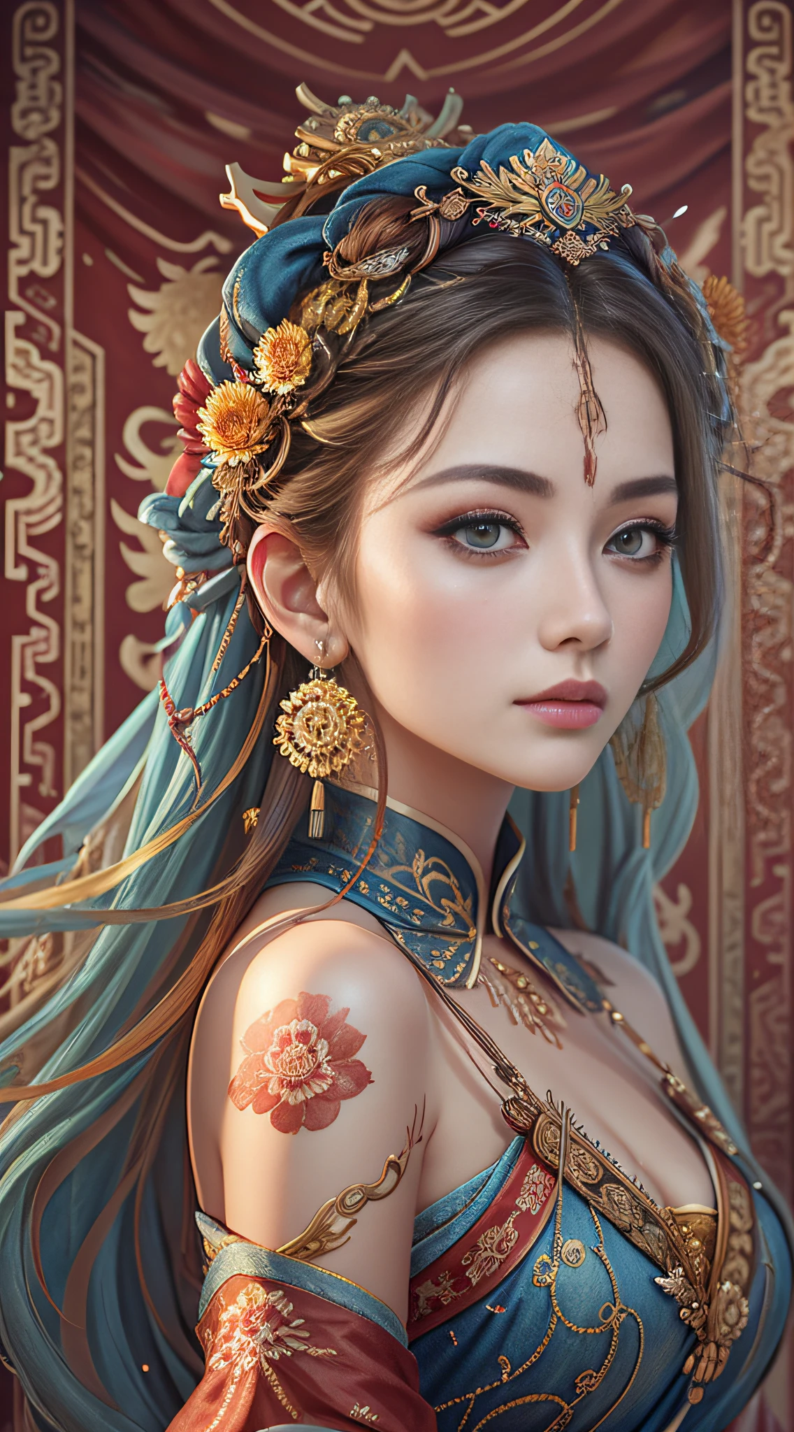 Best quality, masterpiece, ultra-detailed high resolution, (realistic: 1.4), original photos, illustrations,
1 Girl Holding Weapon, (Solo Exhibition: 1.2), (Denim Lens: 1.2), (Hair Crown: 1.2), Chinese Dunhuang Traditional Costume, No Straps, (Red Eyeliner: 1.2), (: 1.4), Earrings, Dynamic Angle, Opera House, messy_long_hair, Ink, Movie Lights, lens_flare, Velvet, Chrysanthemum, Tassels, Ribbons, Color Embroidery,