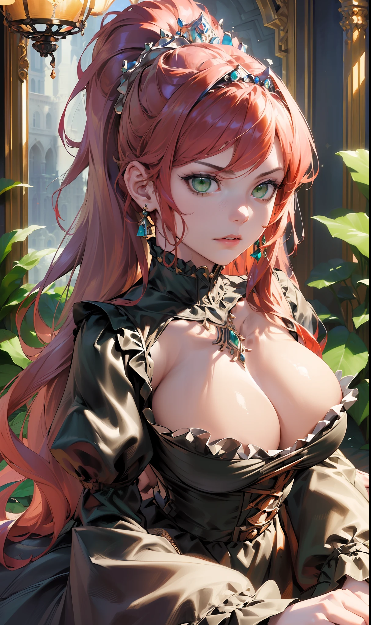 (Masterpiece, Best Quality, High Quality, Highres:1.4), Detailed, Extremely Detailed, Ambient Soft Lighting, 4K, Ornate,Indoors, (Renaissance, Vintage:1.4), Plants, castle ,1Gril, (Solo:1.4), (Milf:1.2), kneeling , Upper Body, (Face Focus:1.2),(Extremely Detailed Hair:1.2), red Hair, Long Hair, Long Sidelocks, Bangs, (Hair Intakes, High Ponytail:1.4),
Expressionless, Emotionless, (green Eyes, Glaring, Contempt, Disgust, Looking at Viewer:1.2),
Curvy, Huge Breasts, Skindentation, (Bursting Breasts:1.2),
(Tiara:1.2), Crown, (Cleavage, Strapless, black Dress, Frilled Dress, Long Skirt, Puffy Skirt, Puffy Sleeves, Juliet Sleeves, Long Sleeves:1.2), Jewelry,